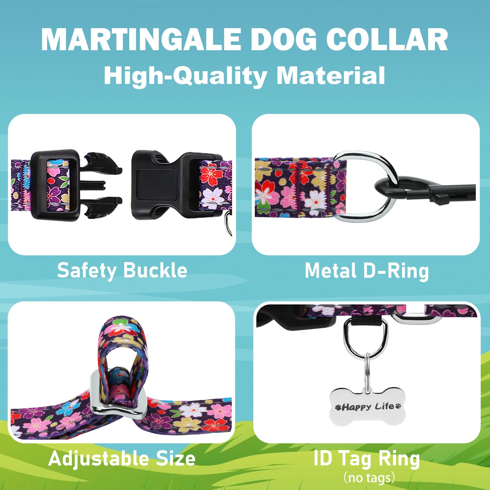 Fidohug Reflective Martingale Collar For Dogs With Buckle Pretty Fancy Female Floral Dog Collars (Japanese Blossoms, Medium)