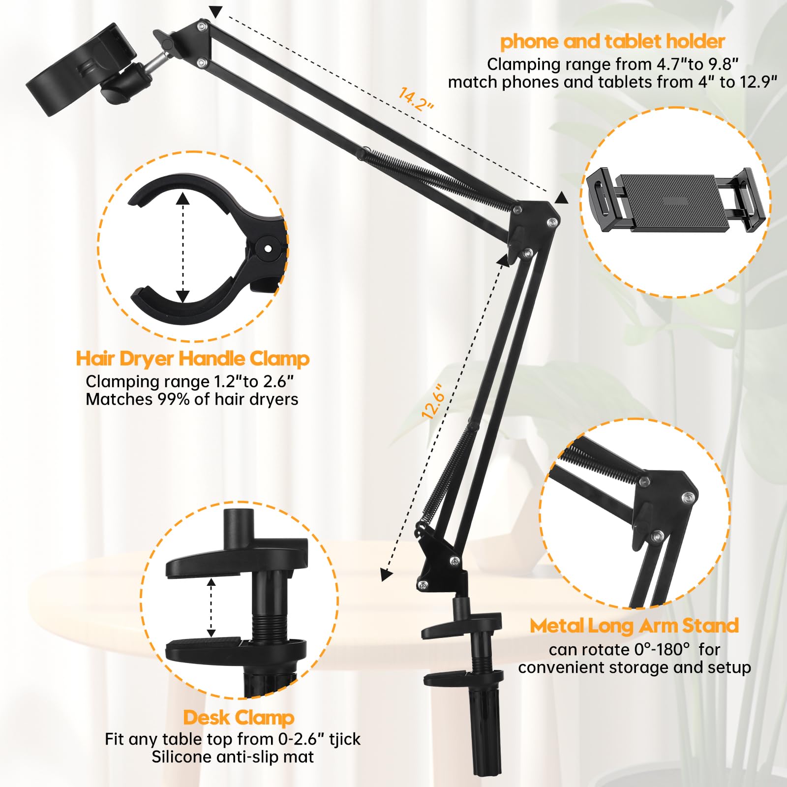 Black Dog Hair Dryer Holder - 360 Rotating Hands-Free Stand With Adjustable Clamp For Blow Dryers,3-In-1 Holder For Pet Hair Dry