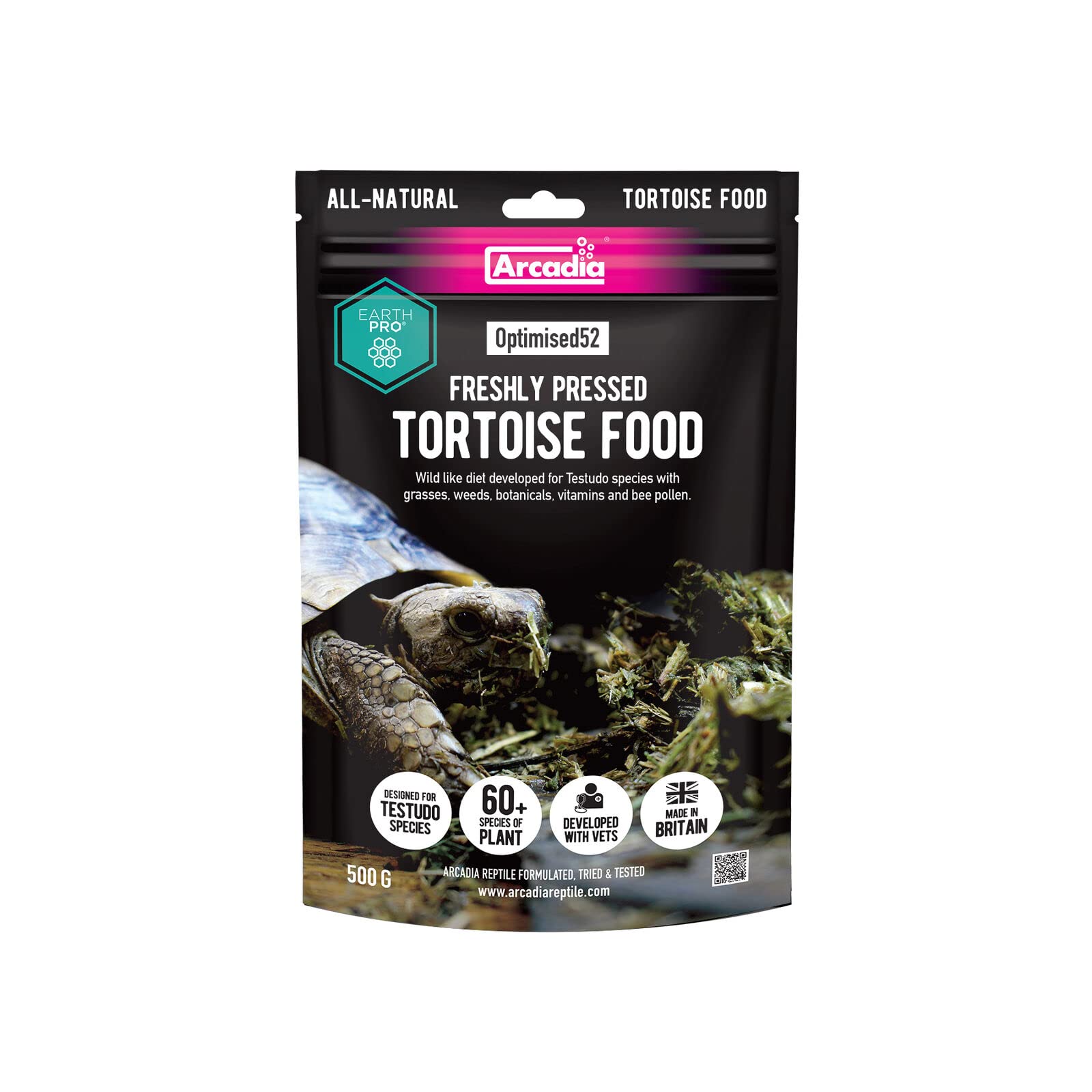 Arcadia Optimised52 Freshly Pressed Tortoise Food 500G - All-Natural Tortoise High Fiber Diet with 52 Species of Grasses Herbs a