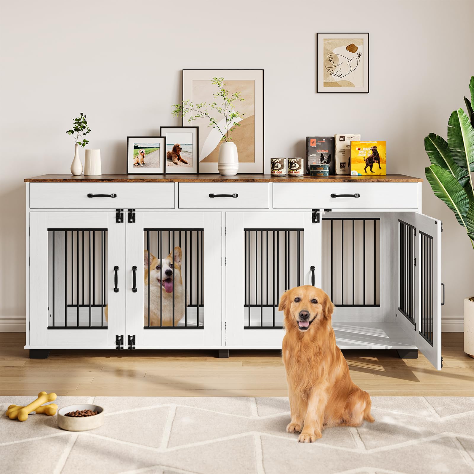 Garvee 71 in Large Dog Crate Furniture for 2 Dogs with 3 Drawers, Heavy Duty Double Indoor Dog Kennel and TV Stand for Medium La
