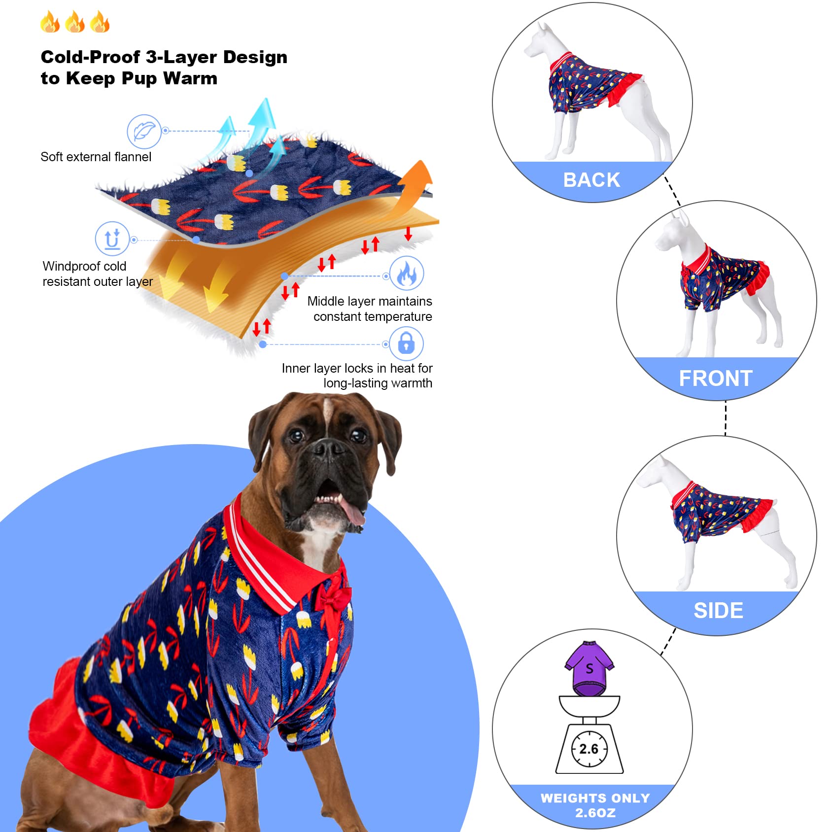 Lovinpet Dogs Jackets For Pitbull: Warm Flannel Fabric Flax Prints Tulips Navy Prints Dog Clothes, Update Fit Skin Friendly Swea