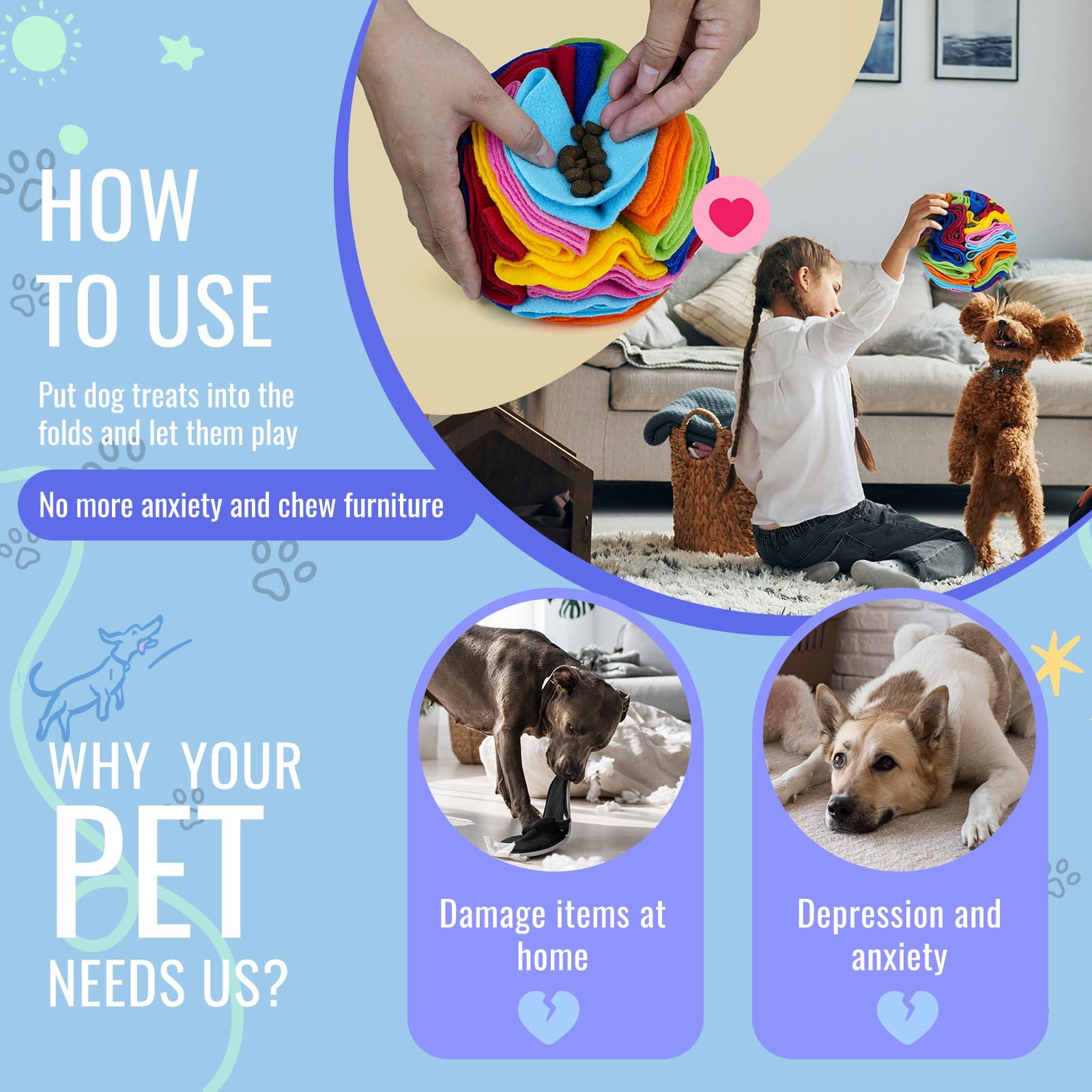 Larimuer Pet Snuffle Ball - Puzzle Sniffing Interactive Dog Ball For Blind Dogs, Training, Stress Relief & Enrichment (15Cm, Rai