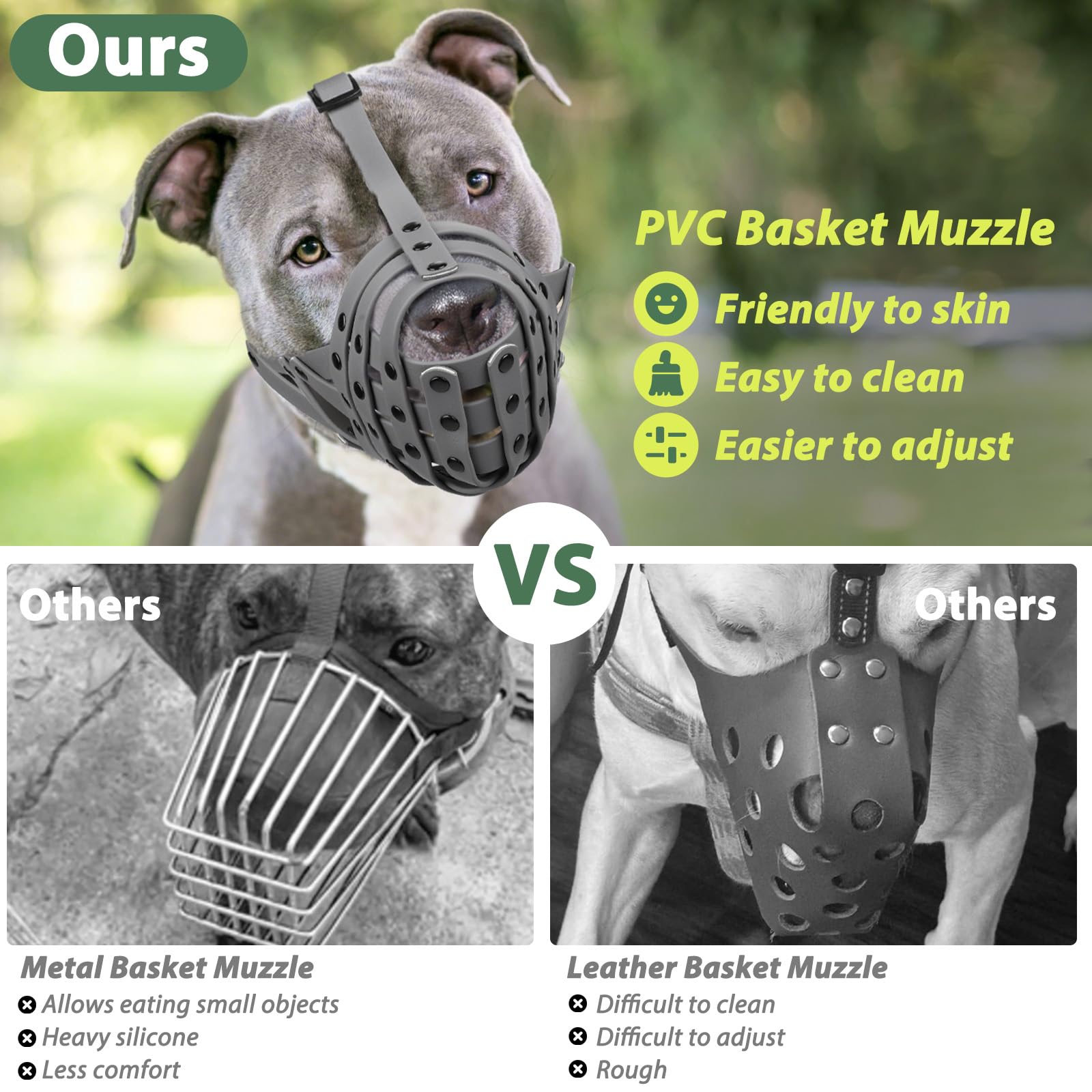 Mayerzon Pitbull Muzzle, Lightweight Basket Muzzle for Large Medium Dogs Rottweiler Amstaff to Prevent Biting Eating, Safe for G