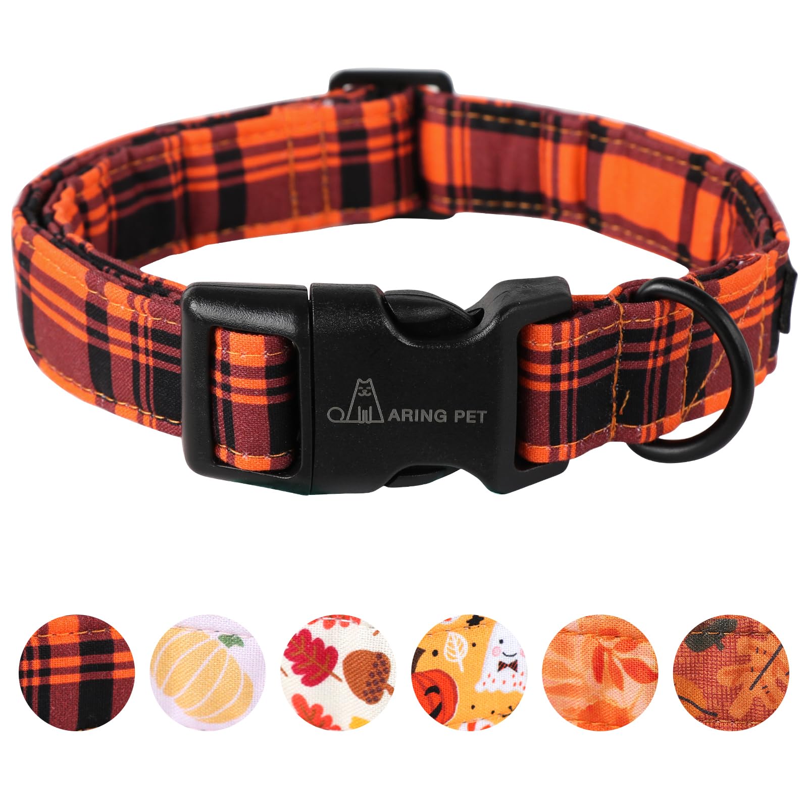 Aring Pet Halloween Dog Collar-Cute Fall Dog Collar For Small Dogs, Cotton Halloween Orange Grid Dog Collars For Small Medium La