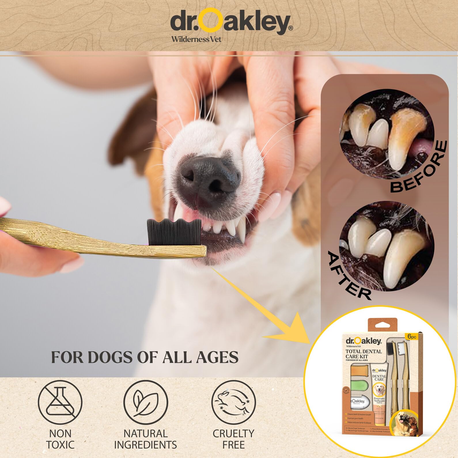 Dr. Oakley Total Dental Care Kit for Dogs: Peanut Butter Flavor - Toothpaste, Brushes, and Case, Natural