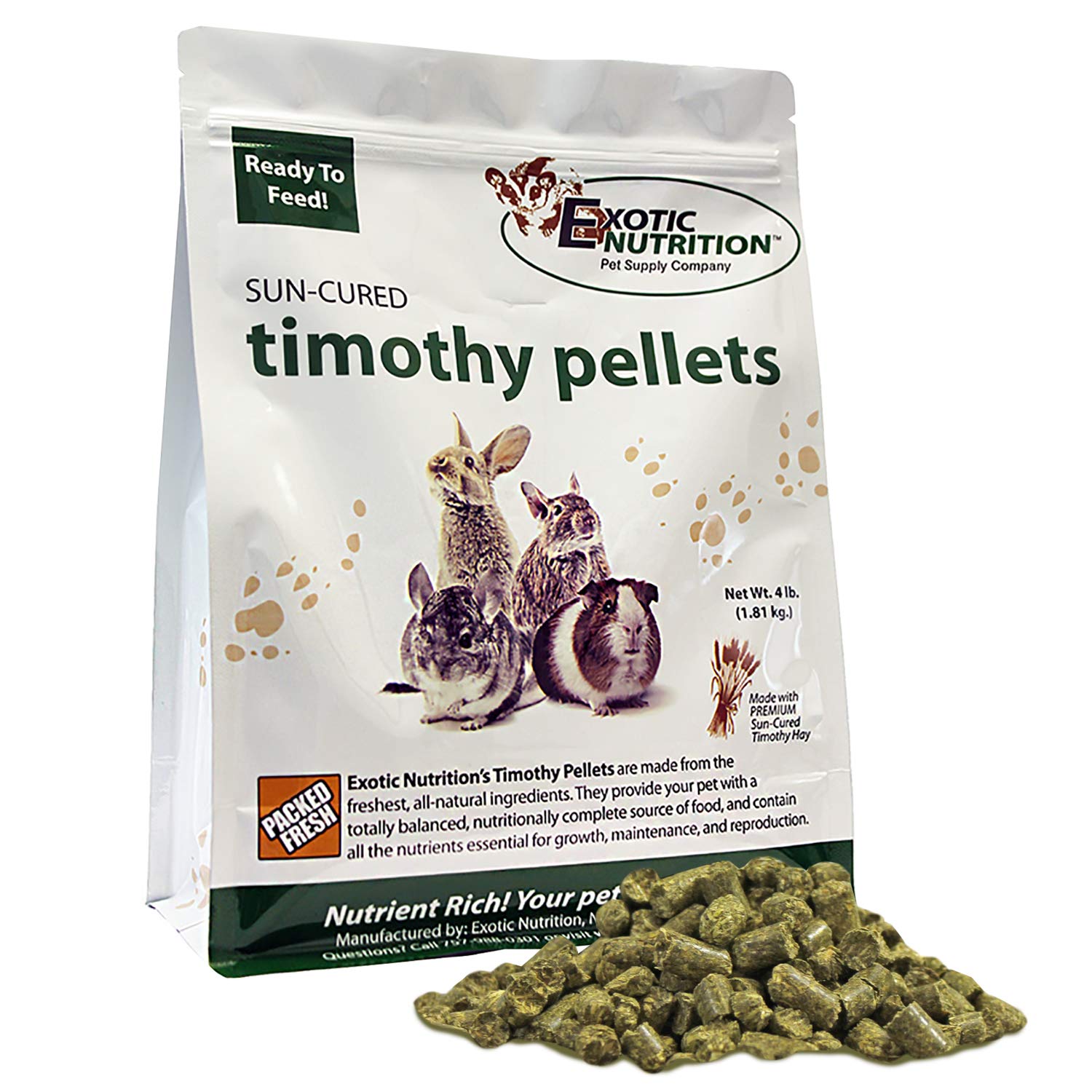 Timothy Pellets (4 lb.) - 100% All Natural, High Fiber, Sun Cured Timothy Hay Grass Food & Treat - Rabbits, Guinea Pigs, Chinchi