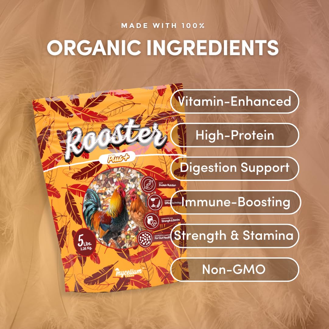 Mycelium Organic Rooster Plus Feed (5 LB Bag) | High-Protein Chicken Feed with Vitamin Support for Strength, Stamina & Gut Healt
