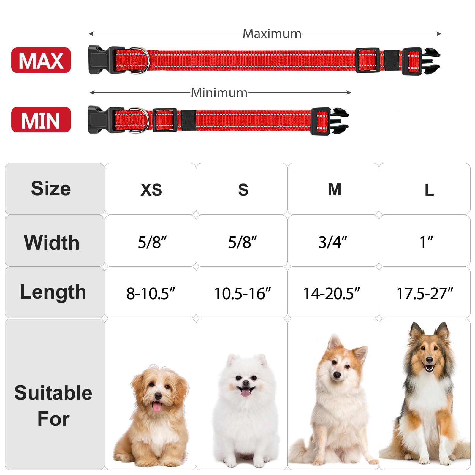 Penseepet Reflective Dog Collar Padded With Soft Neoprene Breathable Quick Release Basic Dog Collars For Medium Large Dogs Red Boy Girl