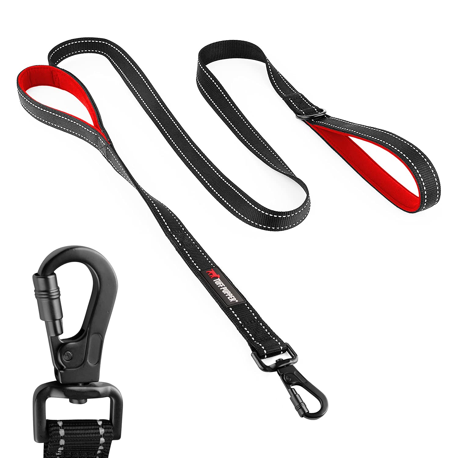 Tuff Pupper Heavy Duty Double Handle Dog Leash | Twist Locking Carabiner Dog Clip | Safety Lock Leash To Hold Strong Dogs | Refl