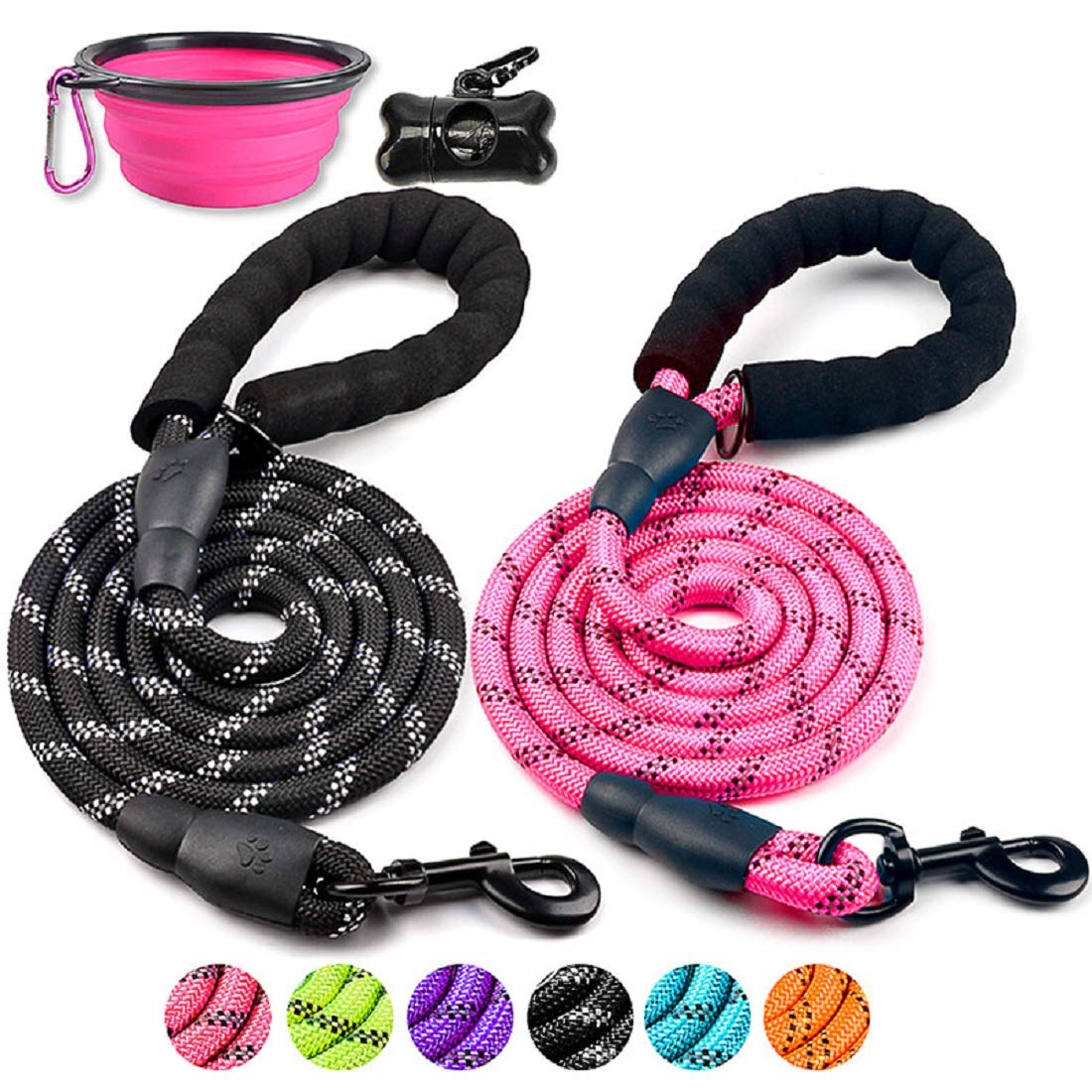 Doyoo 2 Pack Dog Leash 6 Ft Thick Durable Nylon Rope - Comfortable Padded Handle Reflective Rope Dog Leash For Medium Large Dogs With Collapsible Pet Bowl And Garbage Bags (6Ft-Black + Pink)