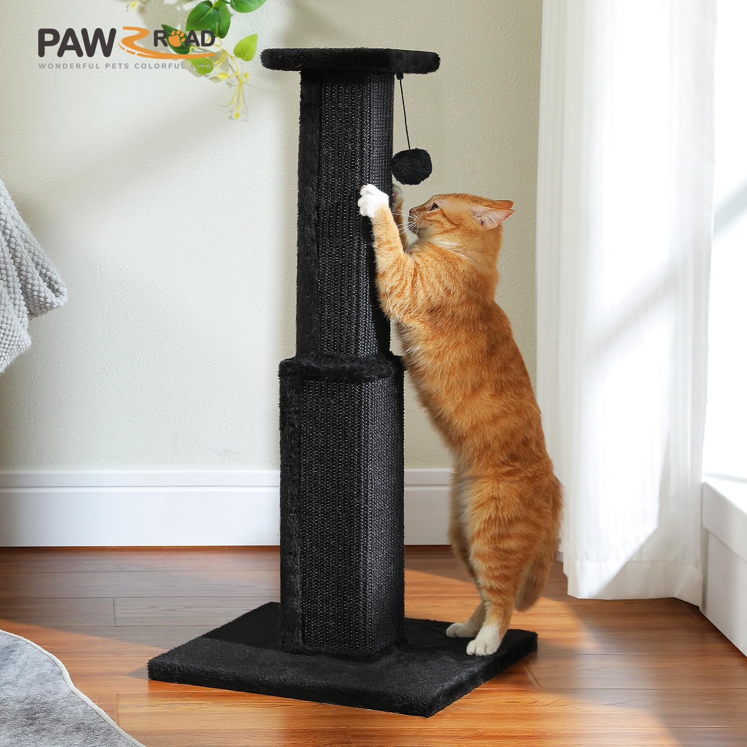 Pawz Road Large Cat Scratching Post 32” Tall Black Scratching Post For Indoor Cats Adults Ultimate Scratch Post With Woven Sisal, Large Base And Removable Dangling Ball- Black