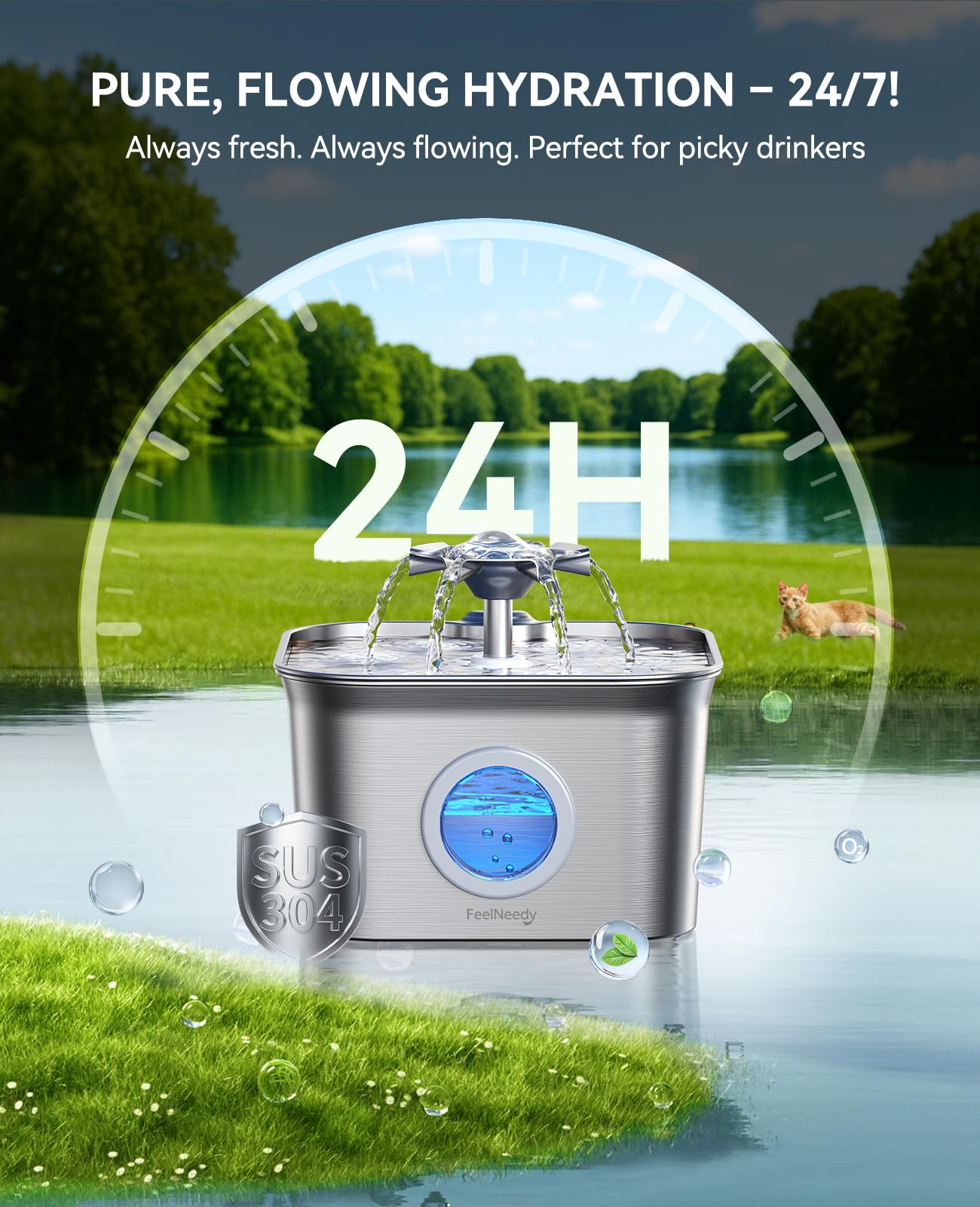 Stainless Steel Cat Water Fountain for Drinking with 3 Filters, 2.8L Auto Pet Drinking Fountain for Cats with 20dB Ultra-Quiet P