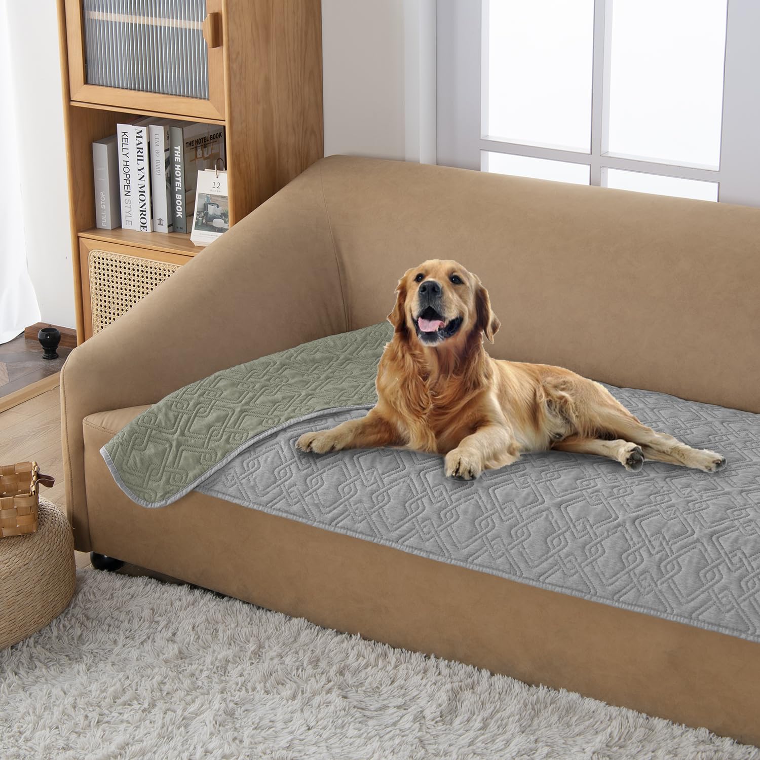 Fuguitex Waterproof Dog Bed Cover Dog Blanket For Pet Furniture Bed Couch Sofa Reversible Linen Texture(30''*53'',Pea Green+Ligh