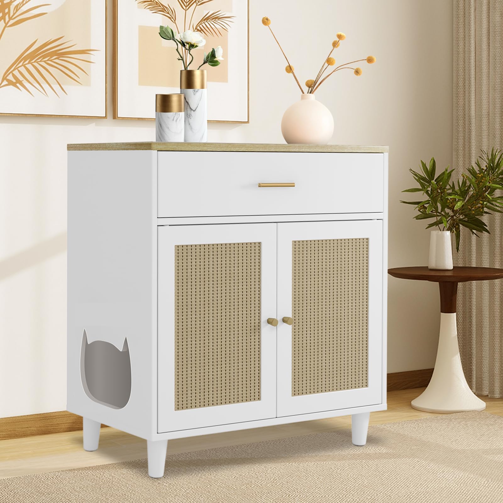 GarveeLife Hidden Cat Litter Box Furniture with Storage Drawer, Wood Cats Litter Enclosure Cabinet with 2 Sisal Doors, Hidden En