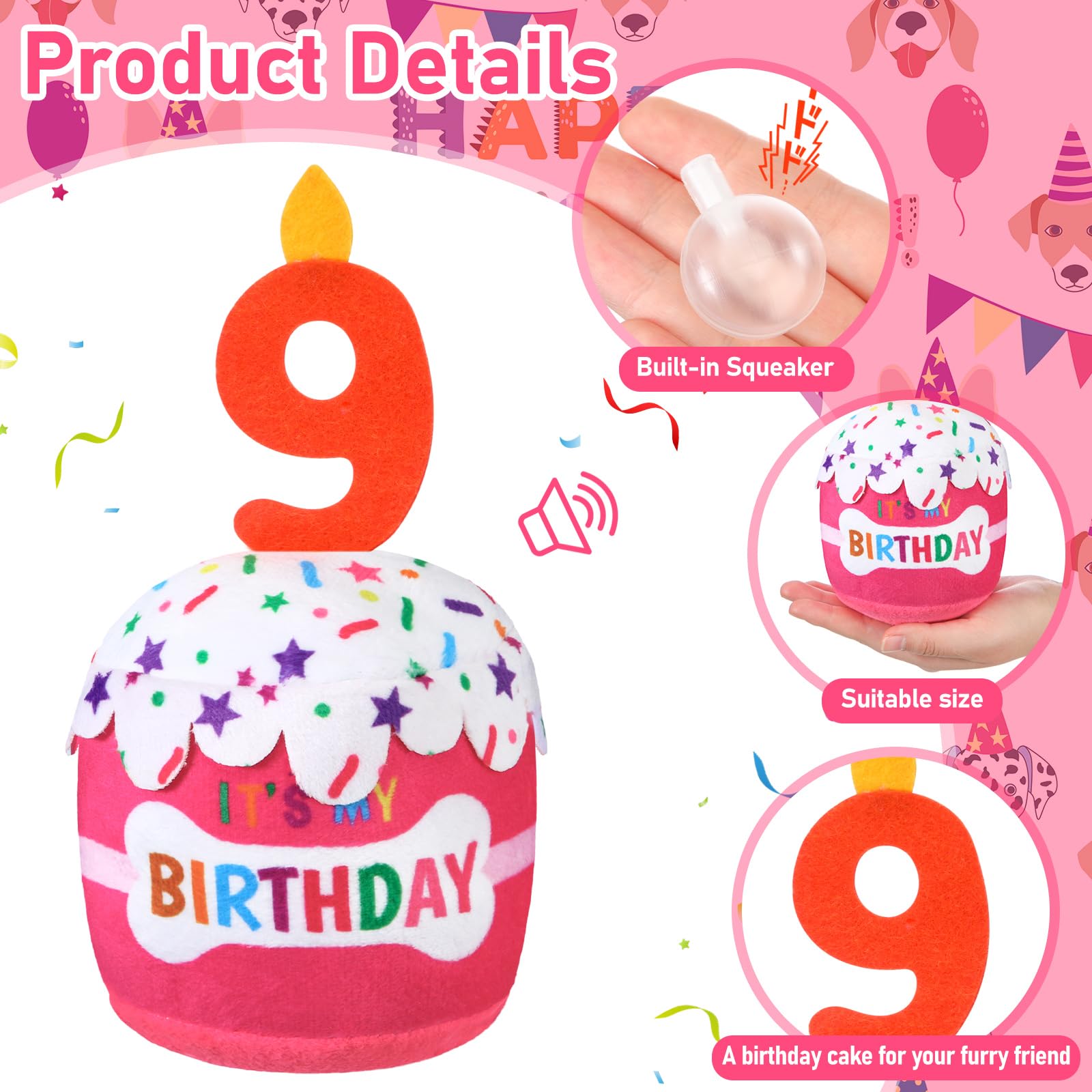 Dansydaisy Dog 9Th Birthday Cake Toy Accessories For Girl Boy Gifts, Pink Squeaky Plush Toy For Dog Birthday Party Decor Favor F