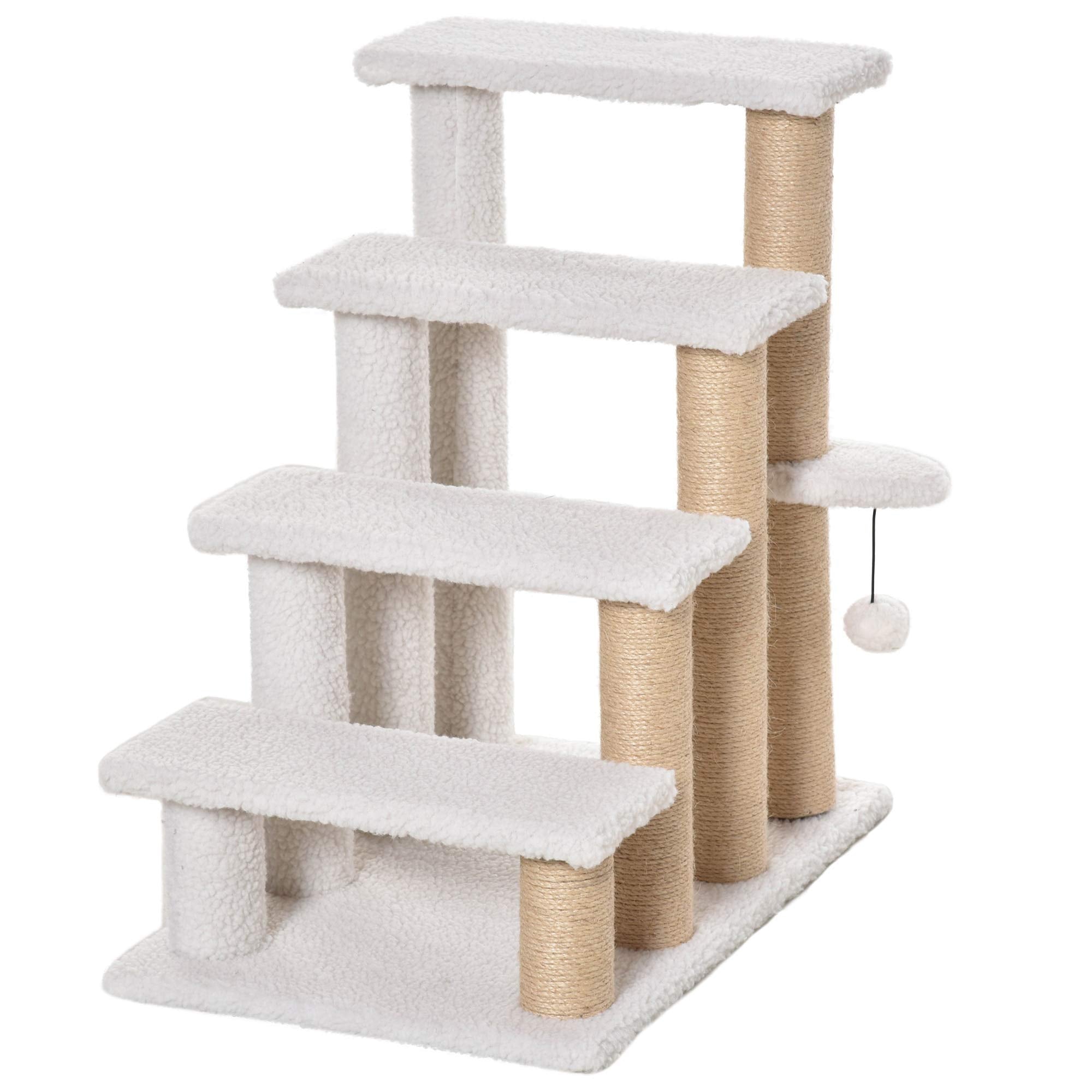 Pawhut Pet Stairs With Scratching Post Ball 4-Step Cat Stairs Dog Stairs Chipboard Plush Jute White 60 X 40 X 64 Cm