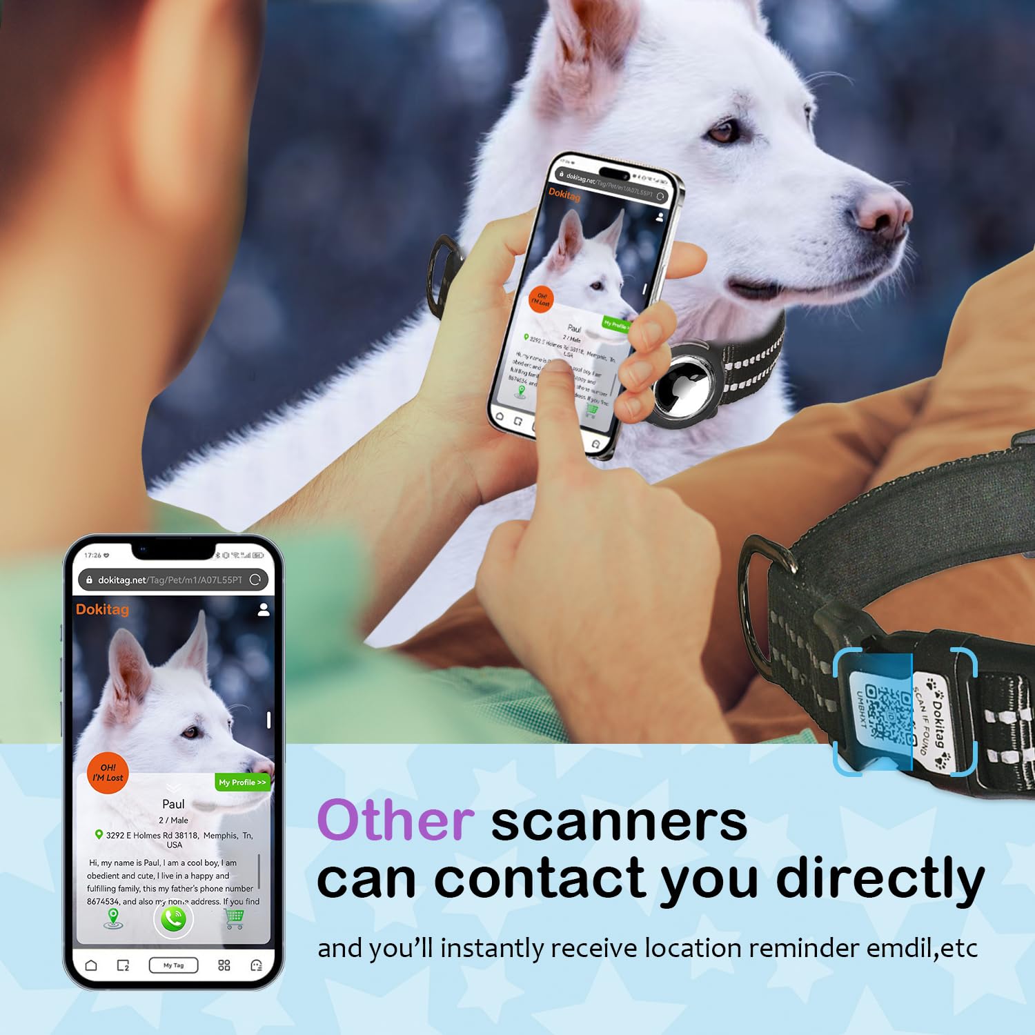 Dokitag Reflective Dog Collar With Apple Airtag Holder & Qr Code Pet Id Tag,Soft Nylon Adjustable Dog Tracker Collar With Safety