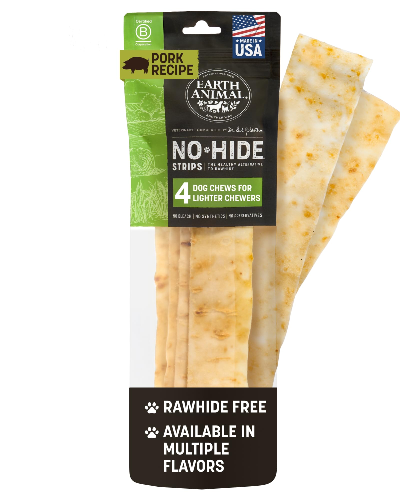 Earth Animal No Hide Strips Pork Flavored Natural Treats | No Rawhide | Quick & Thin Dog Chews | 1.5 Oz
