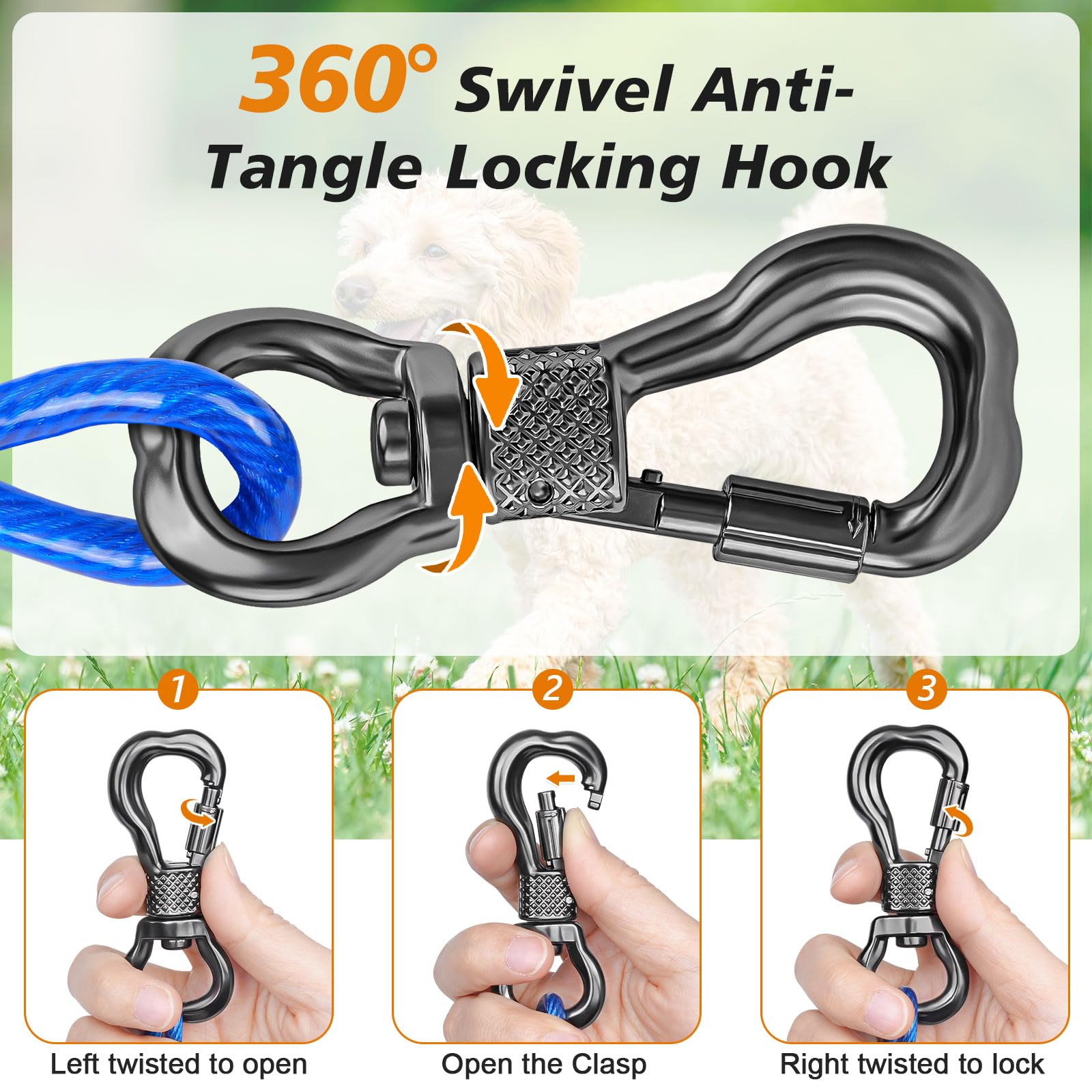 Tresbro 50 Ft Dog Tie Out Cable, Heavy Duty Dog Chains For Outside With Spring Swivel Lockable Hook, Pet Runner Cable Leads For Yard, Blue Dog Line Tether For Small Medium Large Dogs Up To 500 Lbs