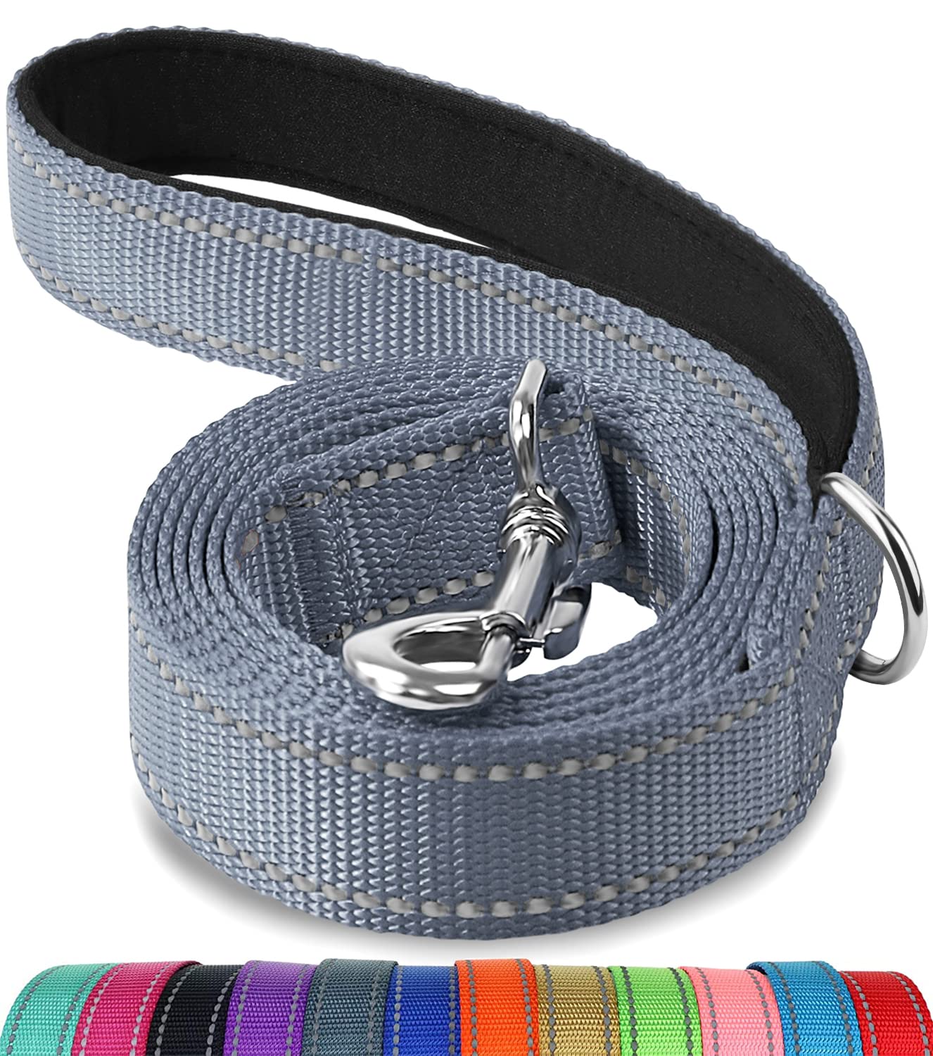 Joytale Double-Sided Reflective Dog Leash, 6 Ft/5 Ft/4 Ft, Padded Handle Nylon Dogs Leashes For Medium & Large Dogs Walking, Gray, 5Ft