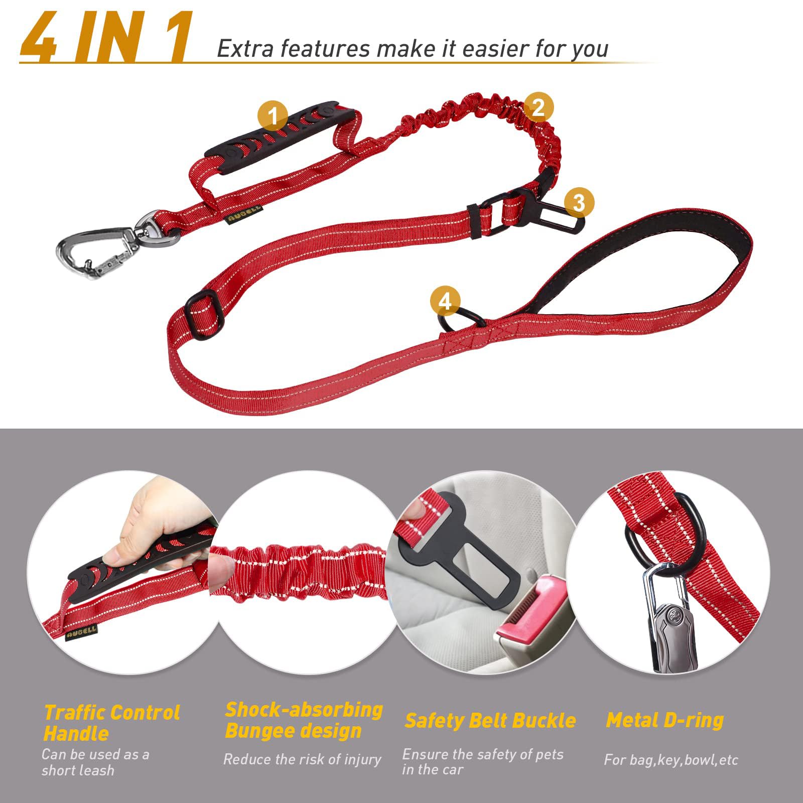 Aubell Dog Leash, Reflective Dog Leash Heavy Duty Dog Leash With Car Seat Belt And Padded Handle, Tactical Dog Leashes For Walking,Training Lead For Large Medium Dogs, 6Ft Strong Bungee Dog Leash, Red