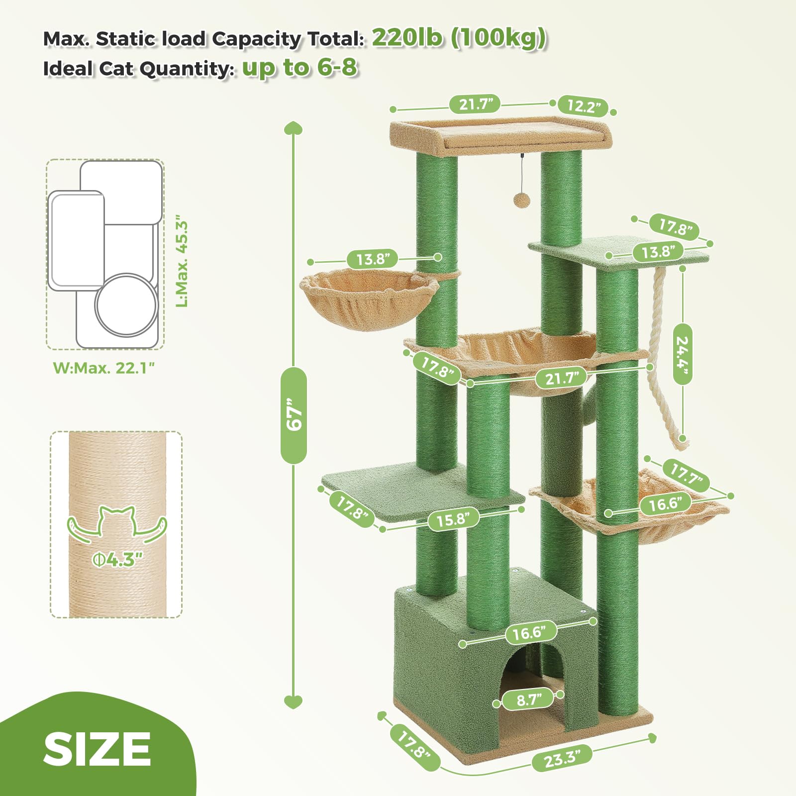 Uymi 67'' Cactus Heavy-Duty Cat Tree For Indoor Cats Large Adult, Xxl Cat Tower With 13 Thick Scratching Posts (F4.3), Large Per