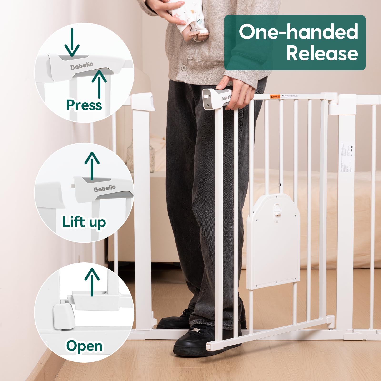 Babelio Auto Close Baby Gate With Cat Door,29-43'' Metal Gate For Doorway,Stairs, House,Easy Walk Thru With Pet Door,Includes 4