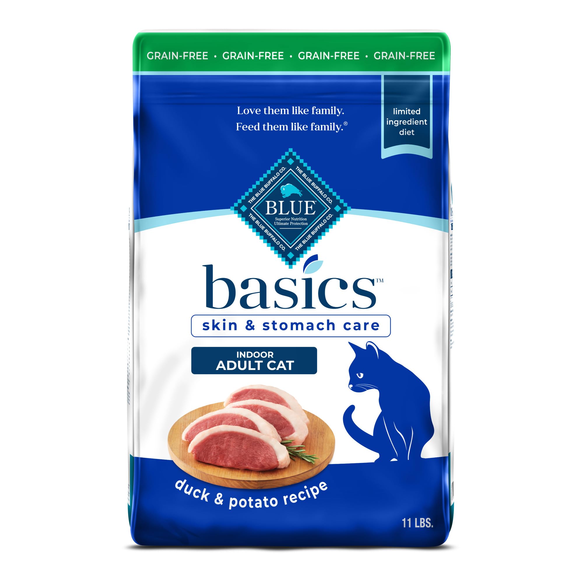 Blue Buffalo Basics Grain-Free Dry Cat Food, Skin & Stomach Care, Limited Ingredient Diet for Indoor Cats, Duck & Potato Recipe,