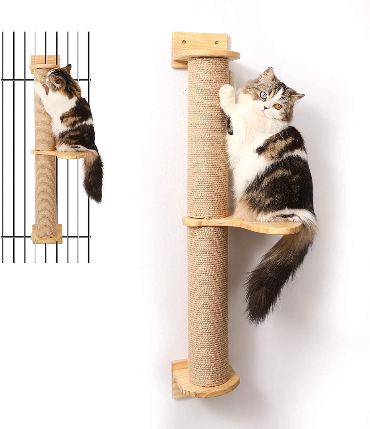 Fukumaru Cat Activity Tree With Scratching Posts, Wall Mounted Jute Scratcher Pine Hammock