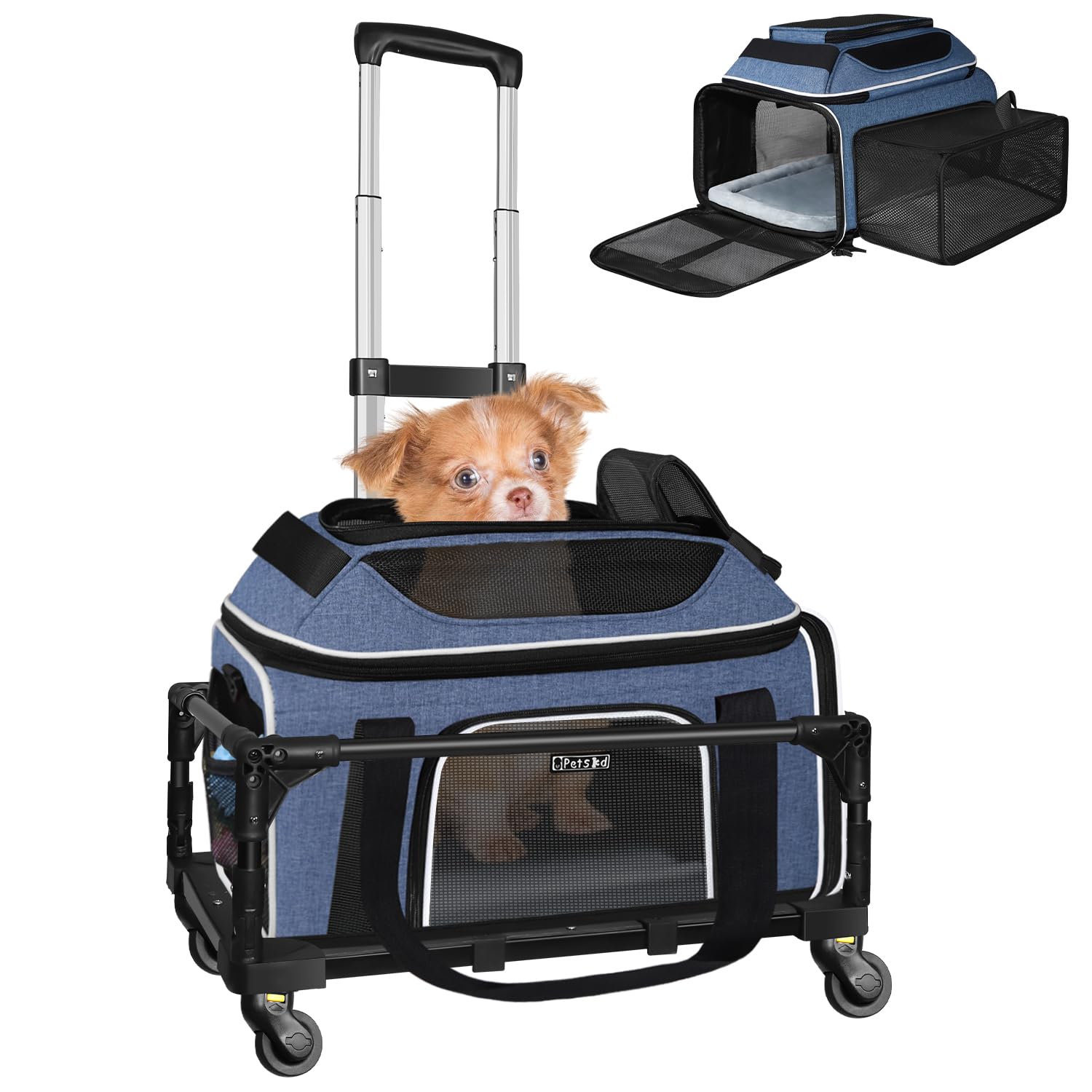 Petskd Top and Side Expandable Pet Carrier with Wheels 17x11x9.5 Inches Alaska Airline Approved, Soft-Sided Carrier for Small Ca