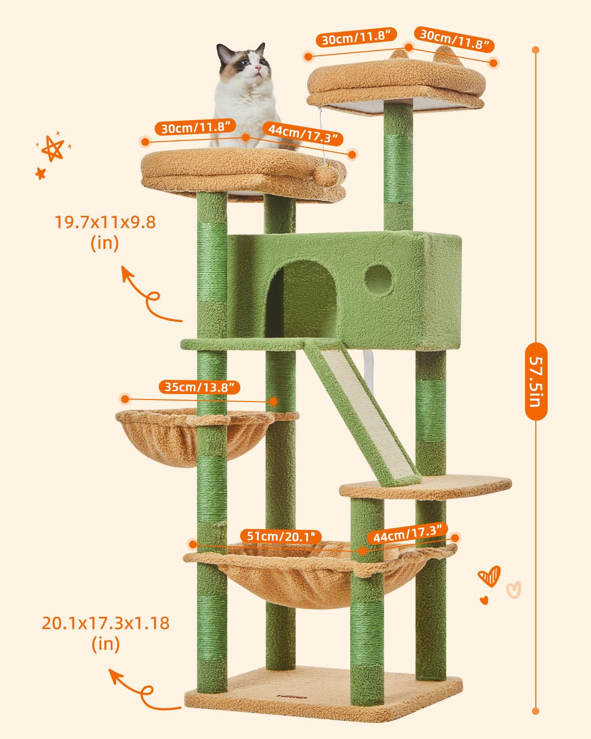 Taoqimiao Cactus Cat Tree - 57.5" Cat Tower with 8 Scratching Posts, Metal Frame, Plush Hammock, Model MSC026