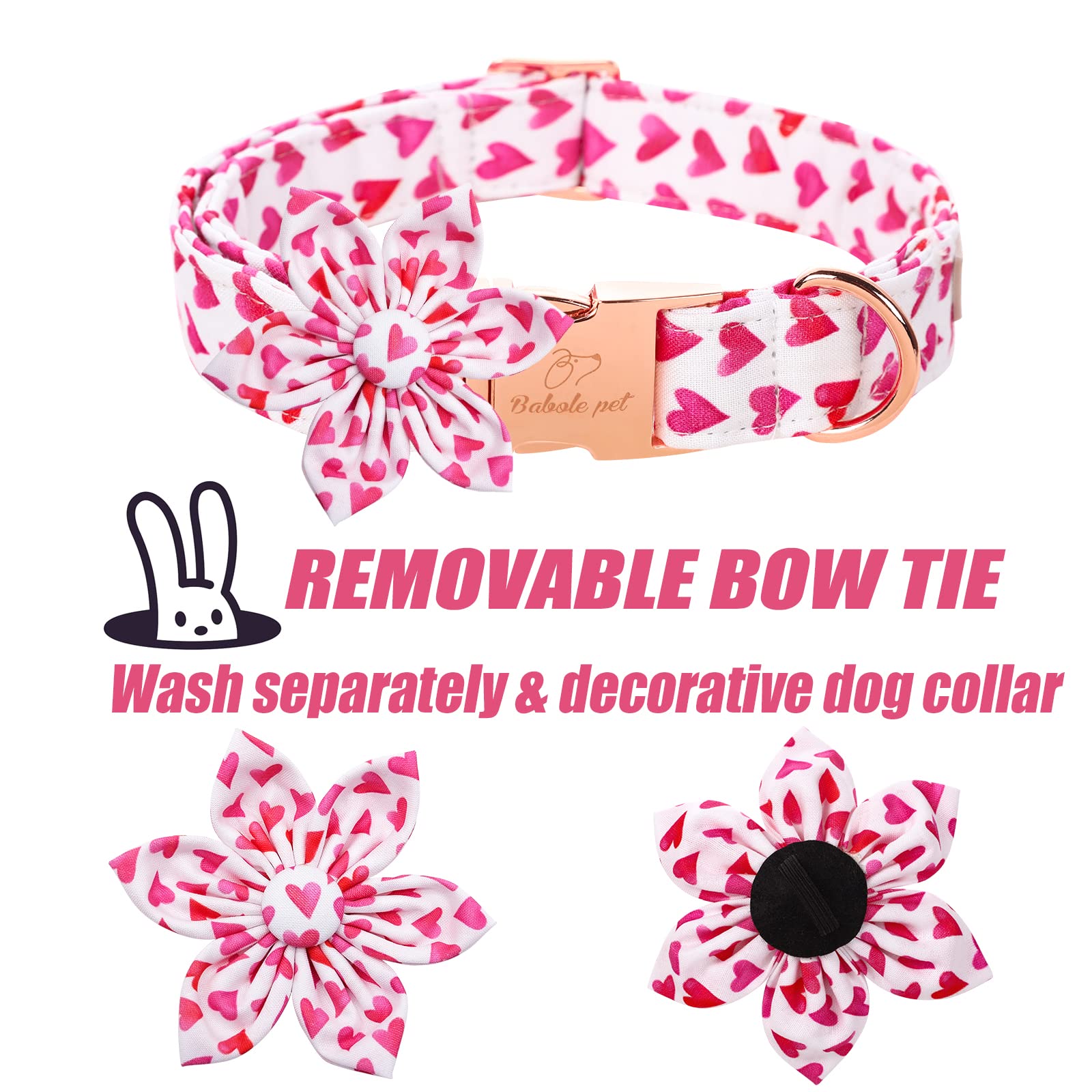 Babole Pet Valentine'S Day Dog Collar With Flower Tie, White Red Love Male Dog Collar With Safety Metal Buckle Adjustable Puppy Collars For Small Medium Large Boy & Girl Dog,M-Neck 13.5'-22'