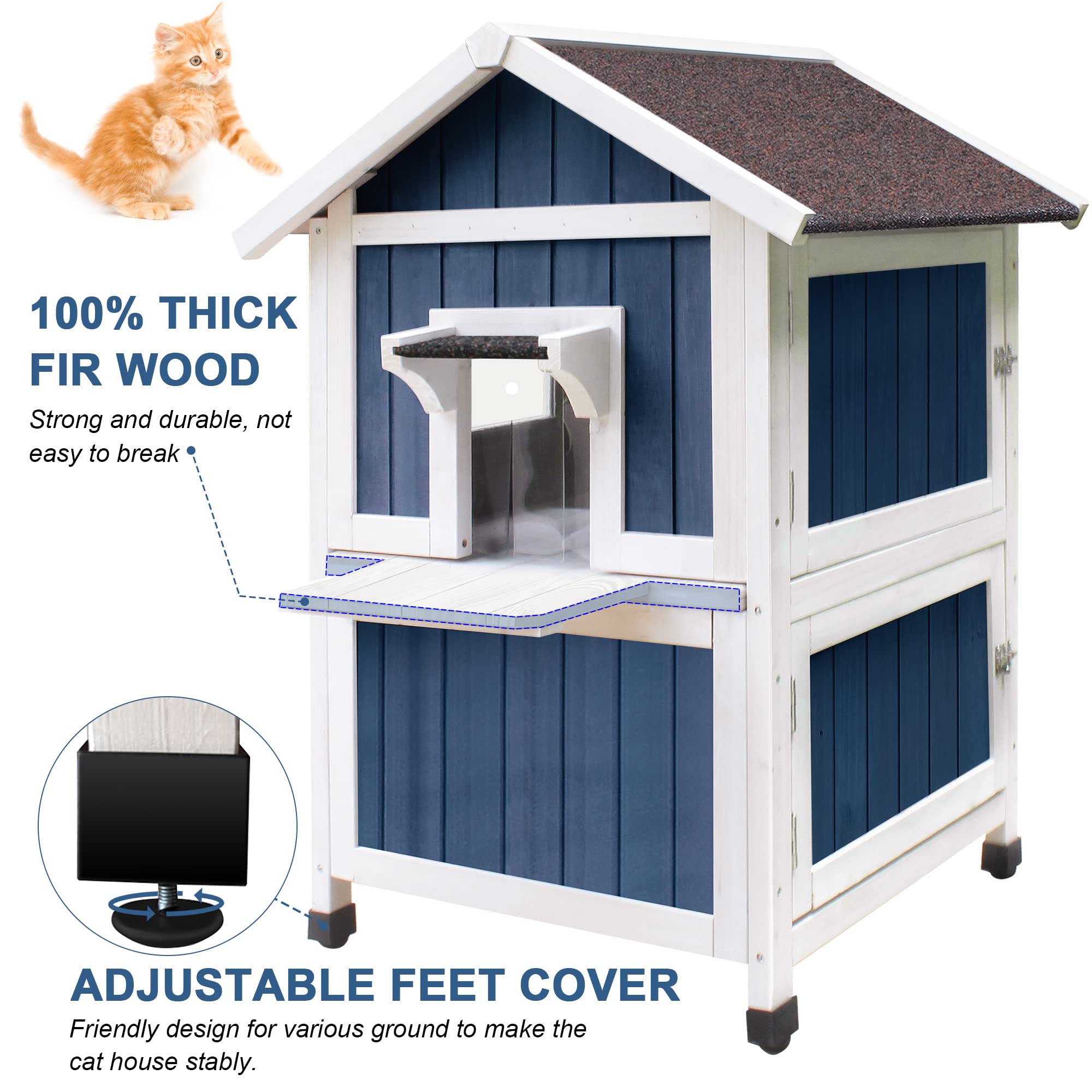 Hicaptain Weatherproof Cat House For Outdoor, 2 Story Feral Cat House With Balcony And Escape Door, Outside Wooden Pet Shelter F