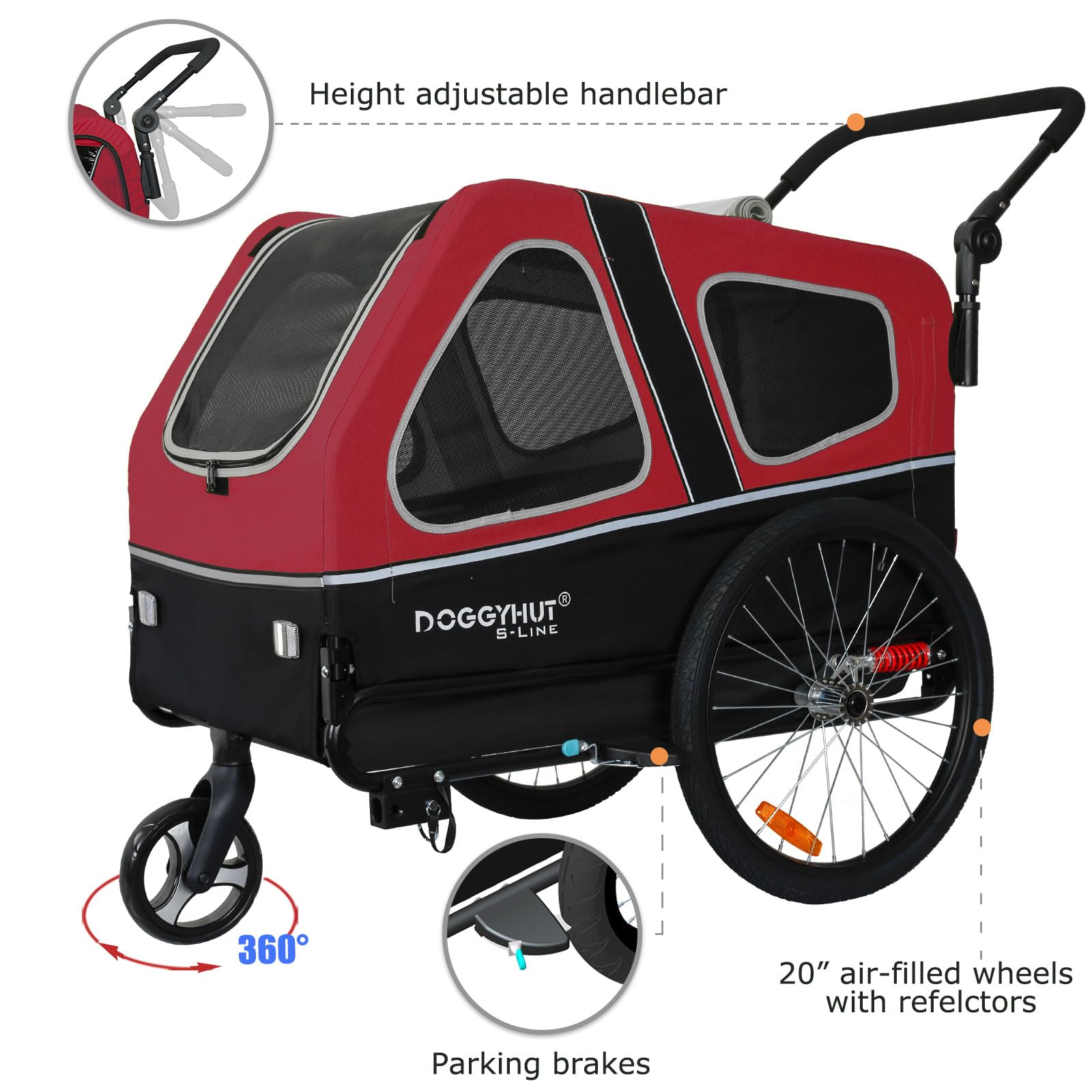 Doggyhut S-Line Xl Pet Bike Trailer & Stroller For Dog Up To 100 Lbs (Red)
