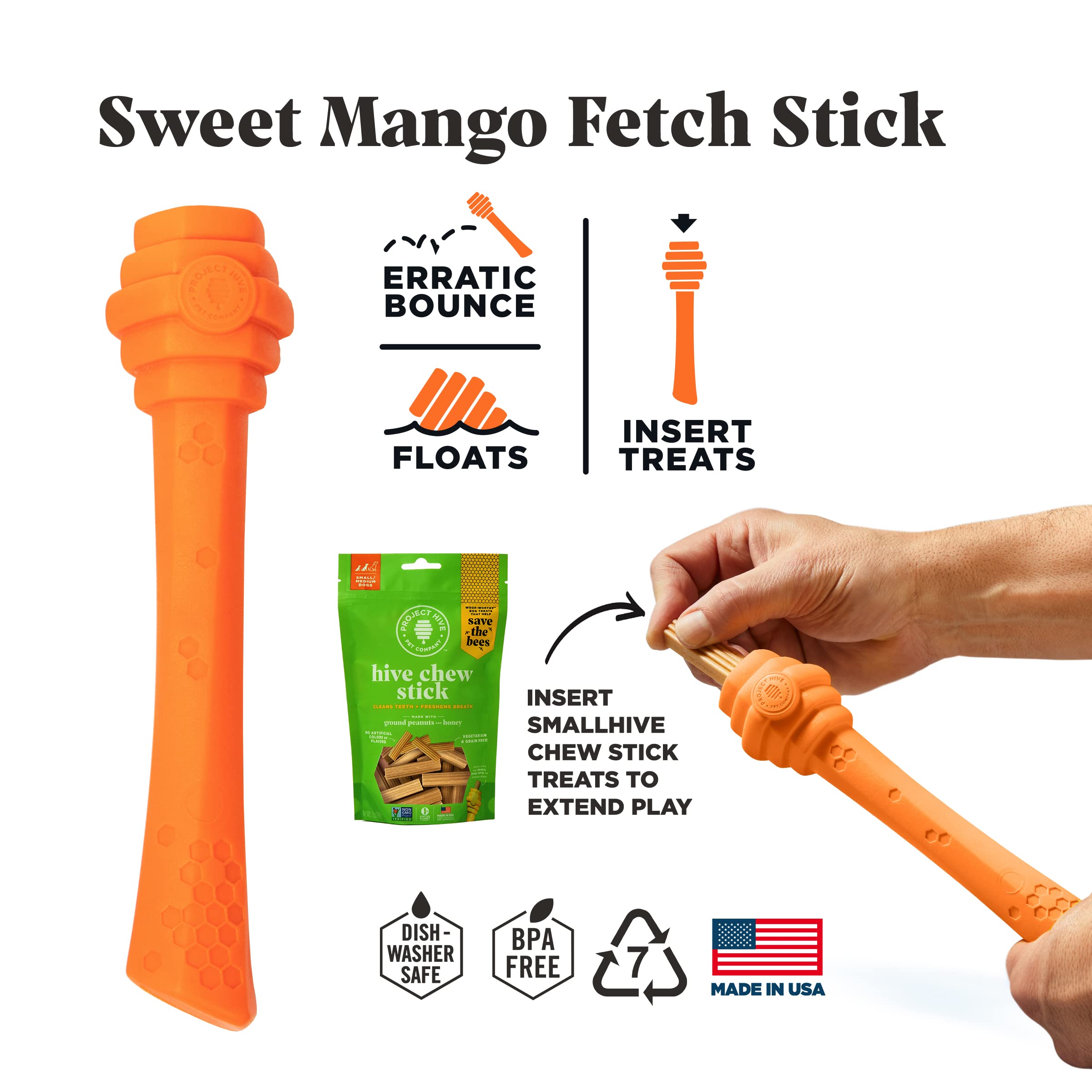 Project Hive ·Pet Company· - Sweet Mango Scented - Hive Dog Fetch Stick For Large Breeds - Dog Stick Toy - Floats In Water - Treat Dispenser Toy - Durable And Tough - Made In The Usa