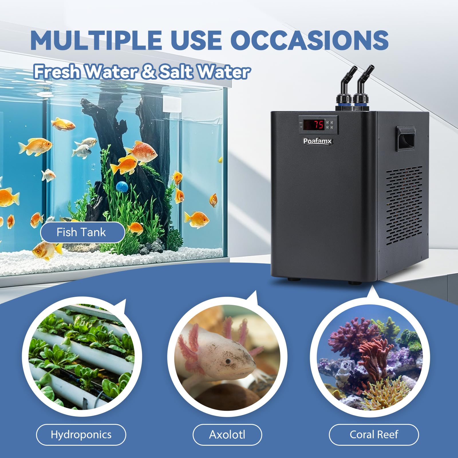 Poafamx 42gal Aquarium Chiller 1/10 HP Water Chiller Hydroponics Cooler 160L Fish Tank Cooling System with Quiet Compressor Refr