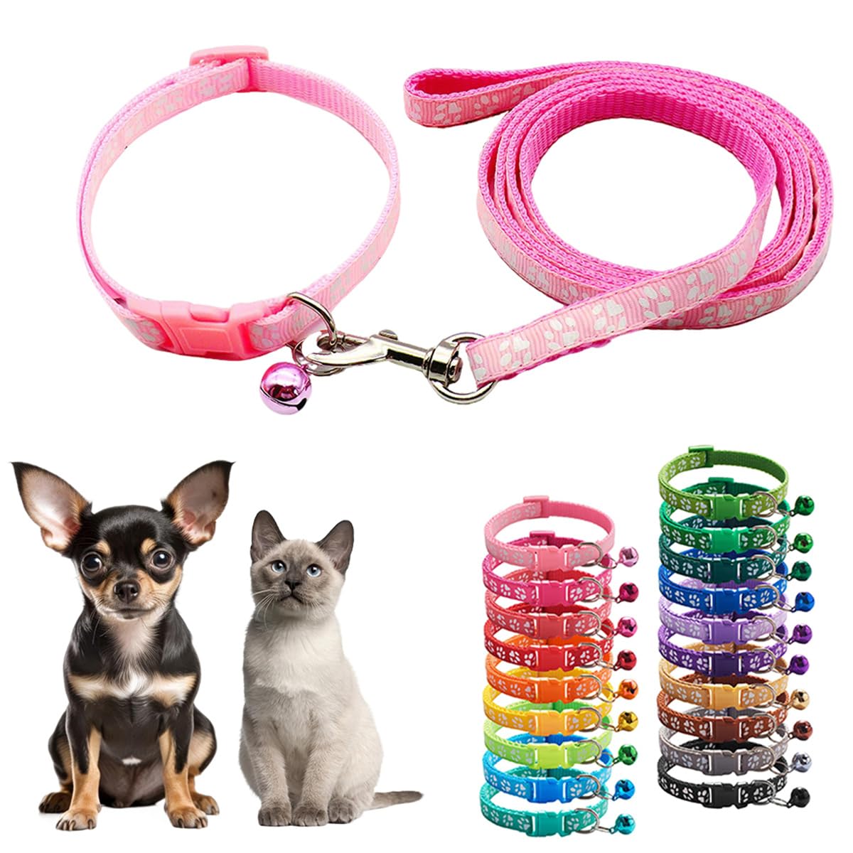 Xxs Dog Collar And Leash Set With Bell,Pink Nylon Paw Cat Collar Girl Female Cute Fancy Puppy Collar With Bells For Xxs Xs Tiny 