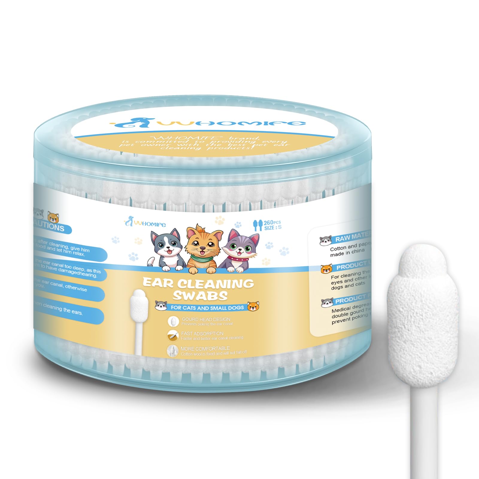 Dog Ear Cleaning Swabs - Gourd-Shaped Design for Safe Pet Ear Care, Prevents Accidental Injury, Ideal for Small Dogs & Cats, S-S