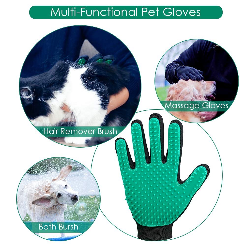 Pet Hair Remover Gloves, Enhance Pet Grooming Glove With 255 Tips, Deshedding Glove For Dog And Cat, 1 Pair Left & Right Gentle De-Shedding Glove Brush, Green