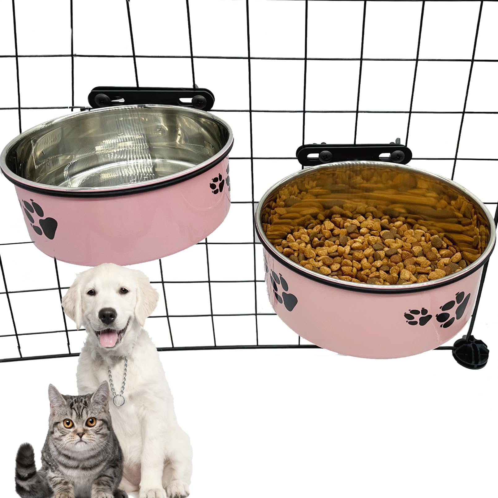 Dog Crate Food and Water Bowl 2Pcs Small Pet Hanging Kennel Removable Dish Feeding Cup with Holder for Medium Large Size Puppy C