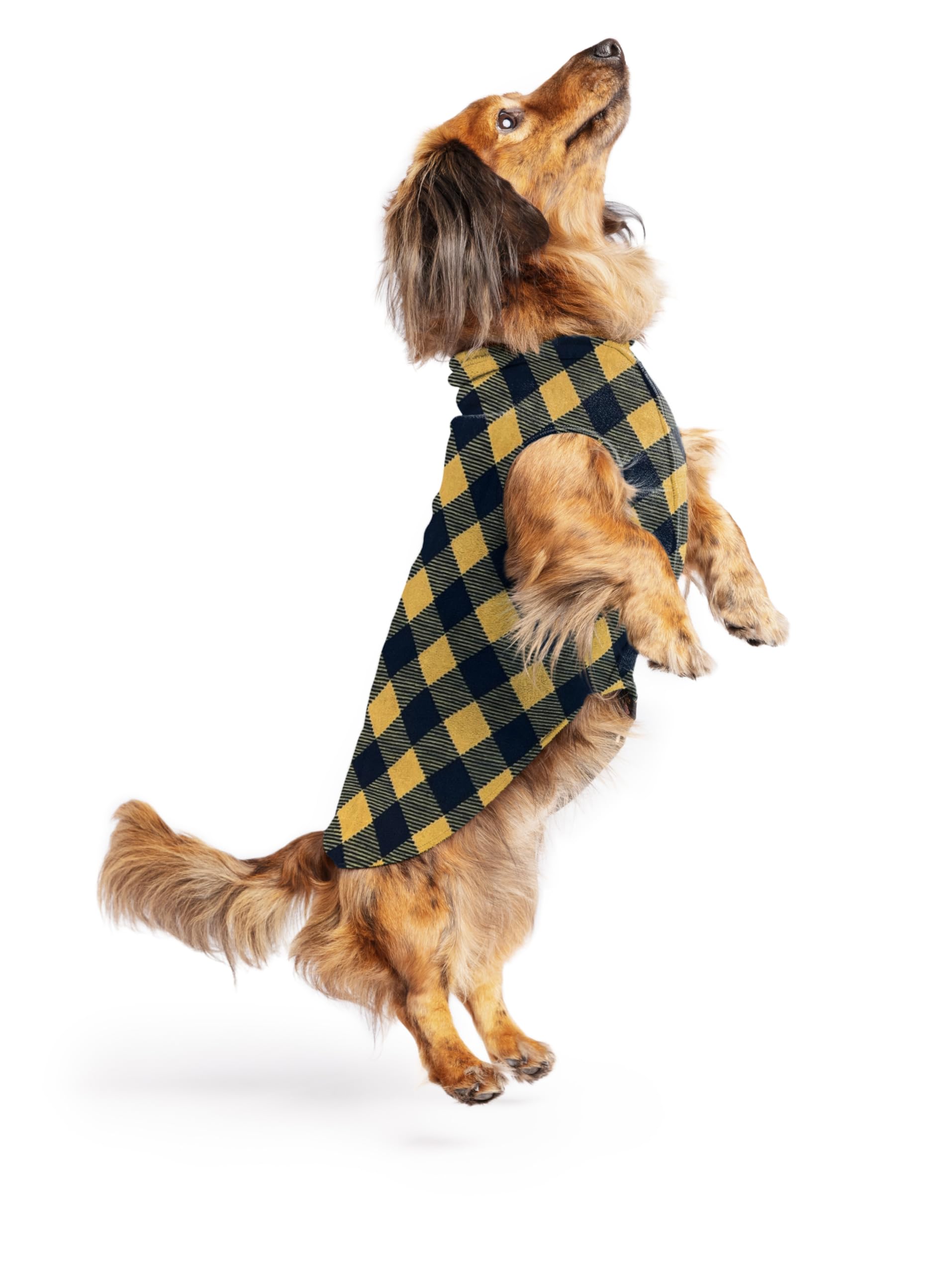 Gold Paw Stretch Fleece Dog Coat, Stretchy Pet Sweater, Machine Washable Pullover For Winter And Fall, Gold Buffalo Check, 12