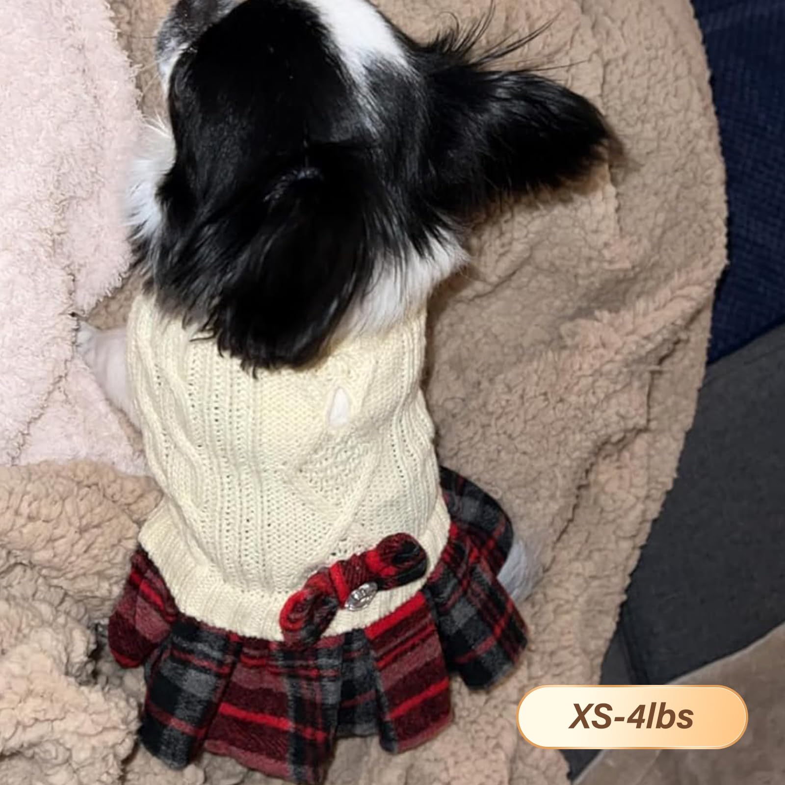 Kyeese Dog Sweater Dress For Small Dogs With Bowtie Buffalo Check Red Turtleneck Dog Pullover Knitwear Puppy Cat Sweater Beige