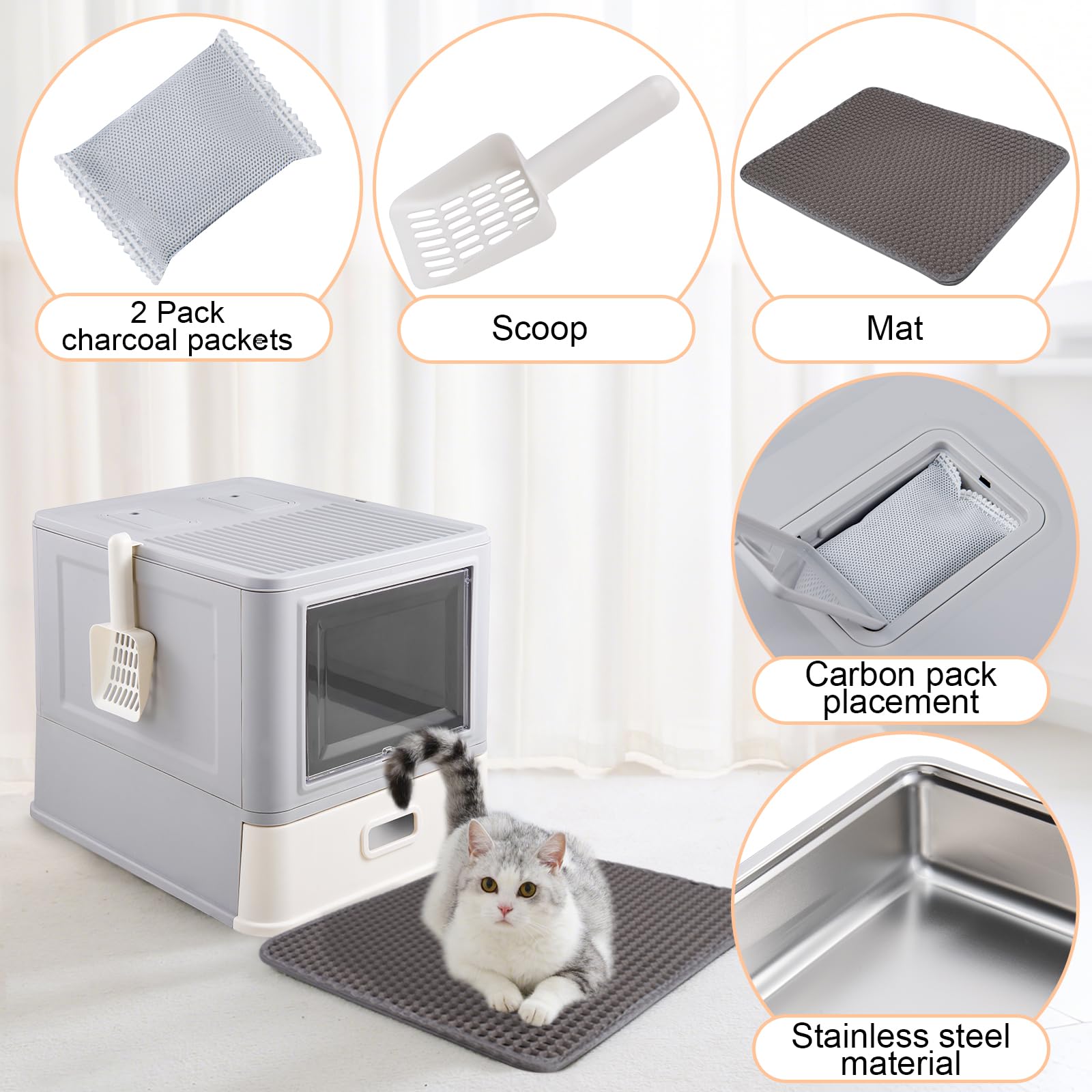 Elegx Odor-Control Drawer Design Stainless Steel Cat Litter Box,Xl Large 4-In-1 Cat Metal Litter Box Set,Extremely Easy To Clean