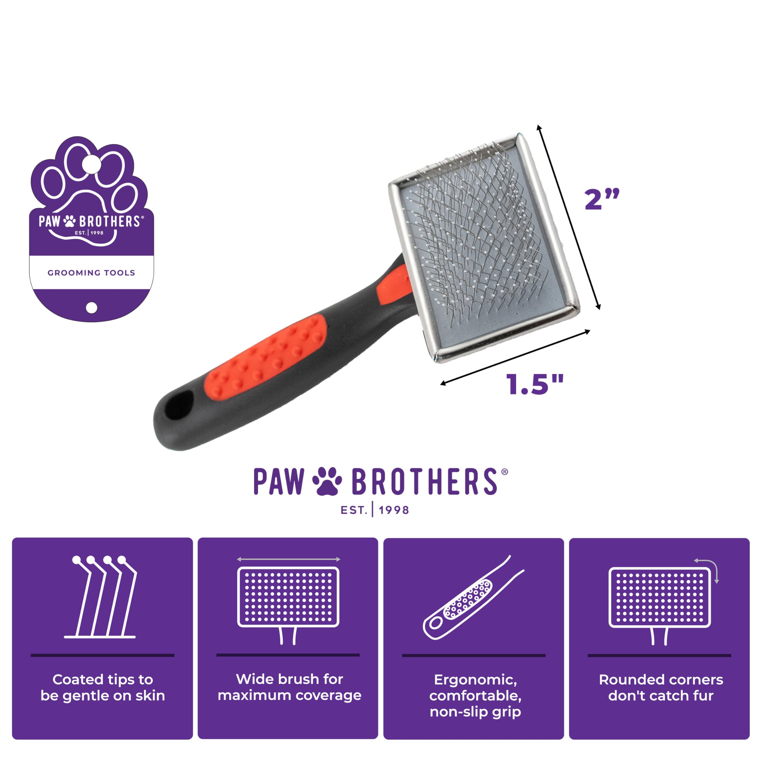 Paw Brothers Soft Flat Slicker Brush With Coated Pin Tips, Mini/Small