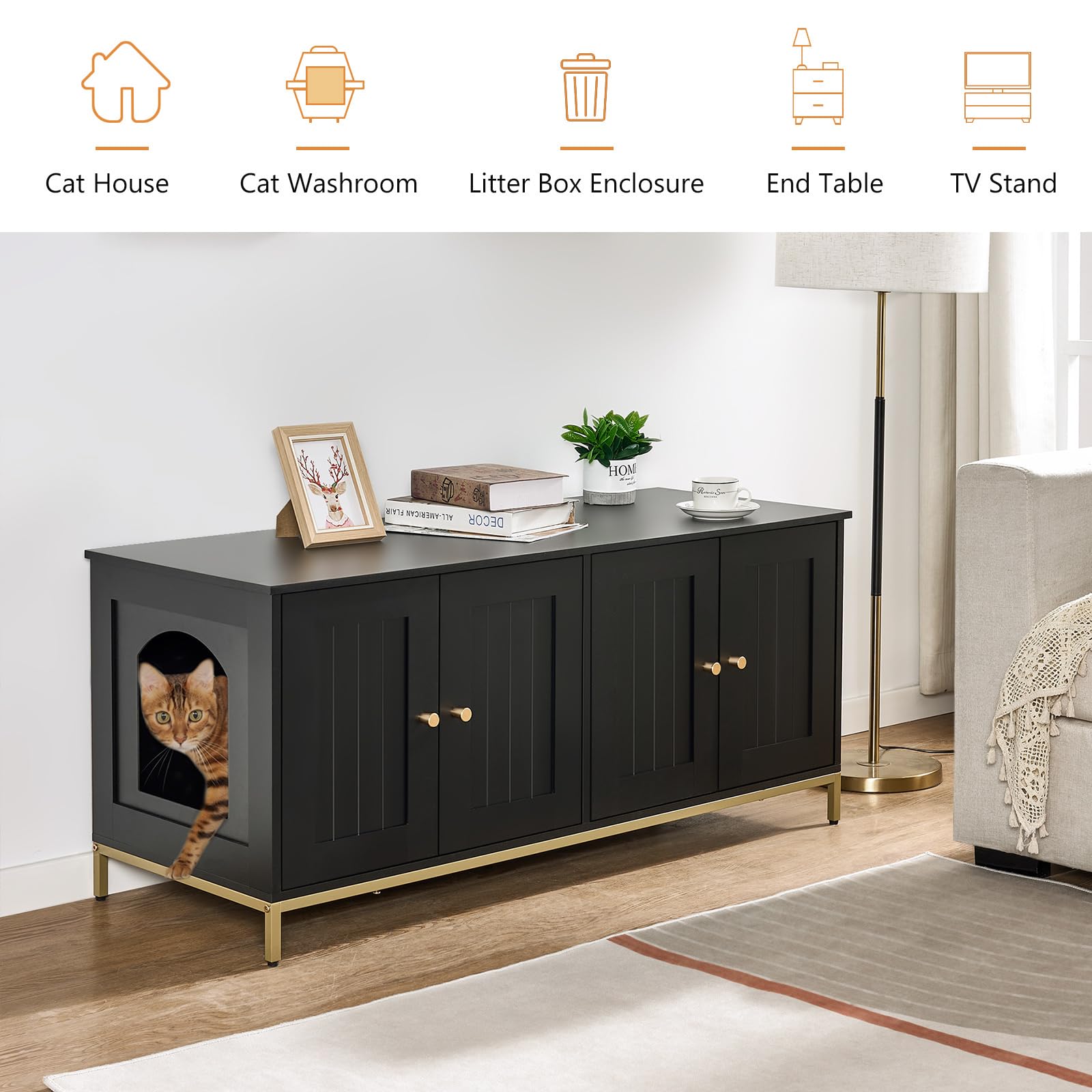 Homhedy Cat Litter Box Enclosure for 2 Cats, Litter Box Furniture Hidden with Double Room, Cat House, 47.2   L x 17.7   W x 21.7