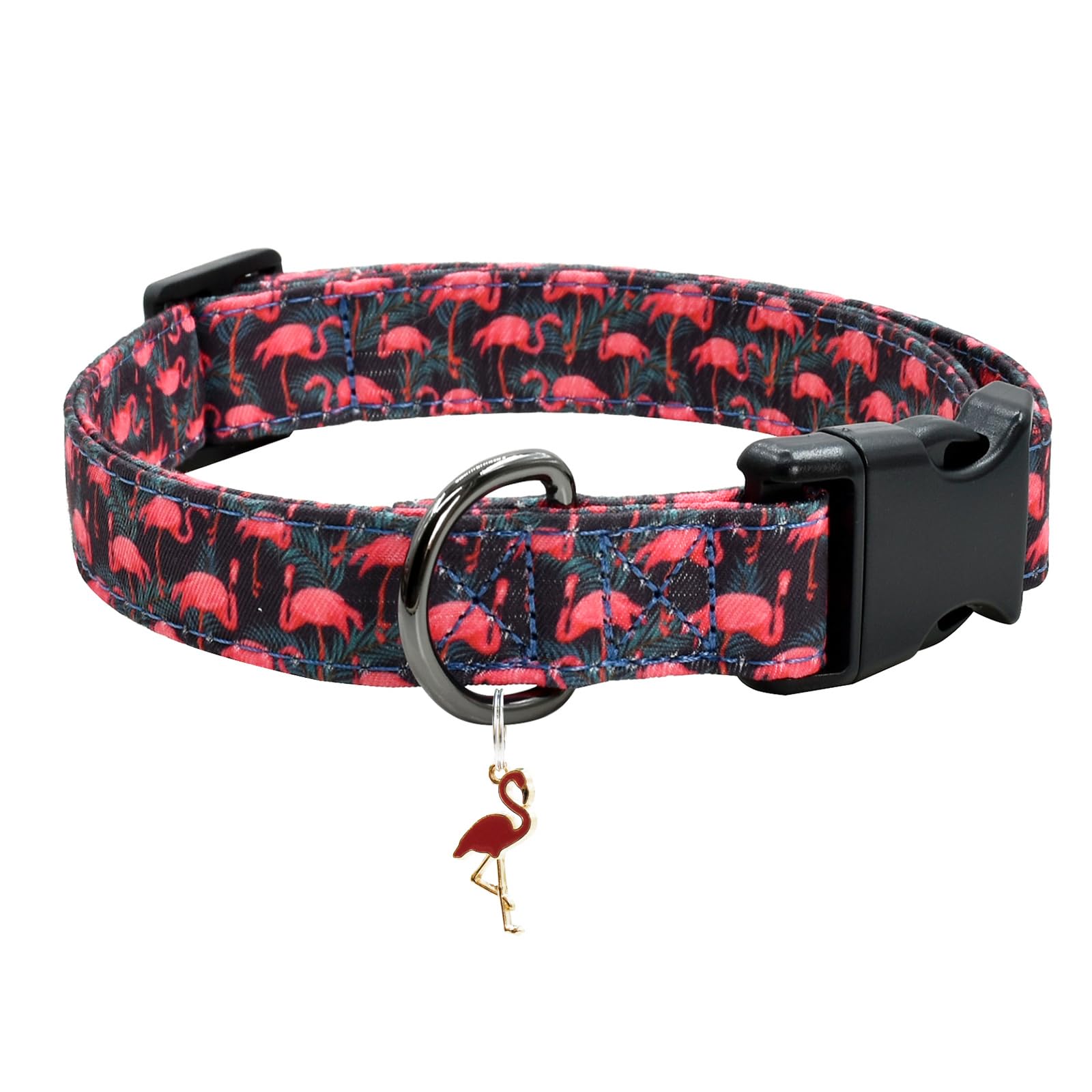 Flamingoes Patterns Dog Collar With Pendant, Durable And Soft Cotton Dog Collars For Small Large Female And Male Dogs Pets(Flami
