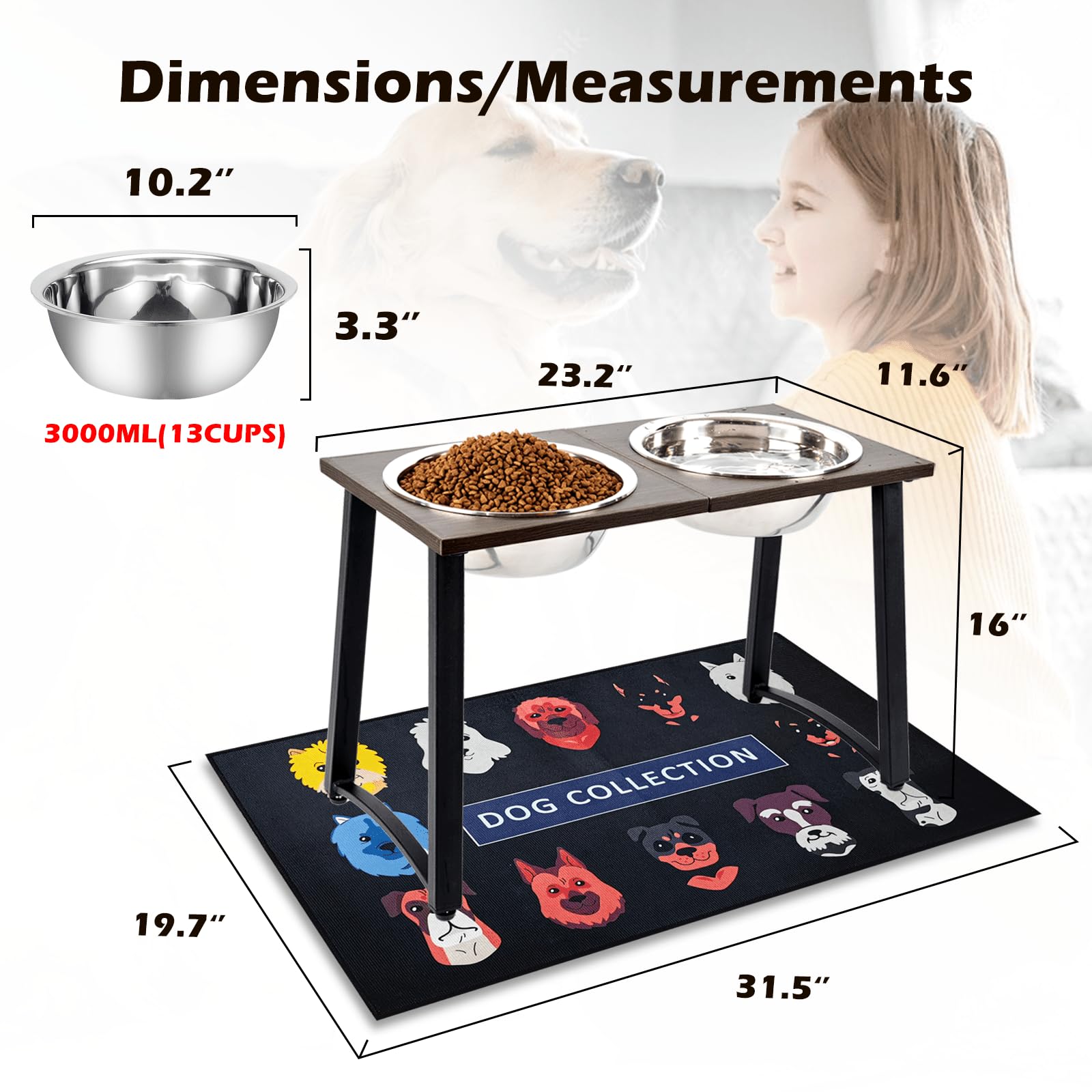 Adengl Elevated Dog Bowls For Large & X-Large Dogs, 16'' Tall Raised Stand With 2 Stainless Steel 3000Ml Bowls, Slow Feeder & Sp