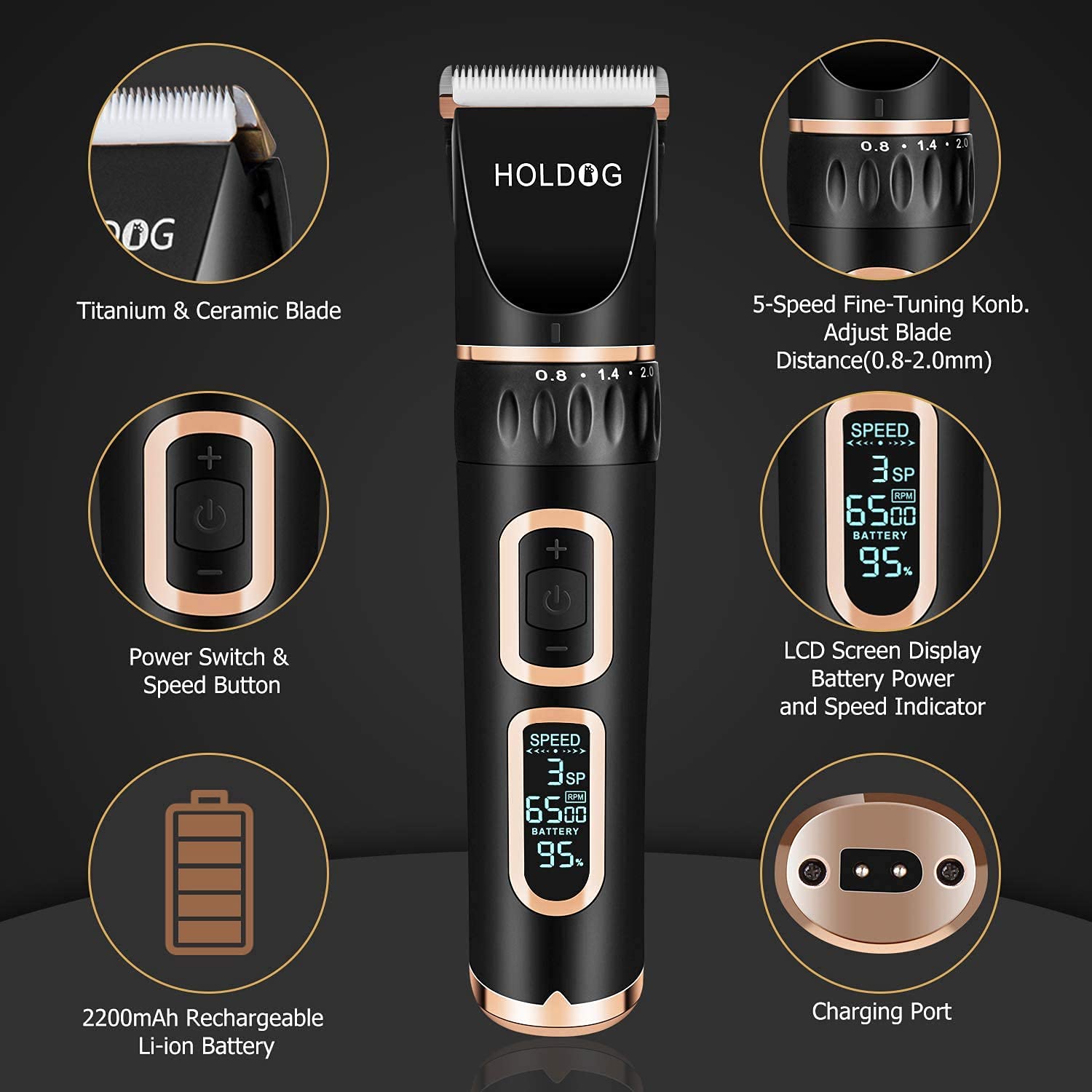 Dog Clippers Professional Heavy Duty Grooming Clipper 3-Speed Low Noise High Power Rechargeable Cordless Pet Tools For Small & Large Dogs Cats Pets With Thick Coats