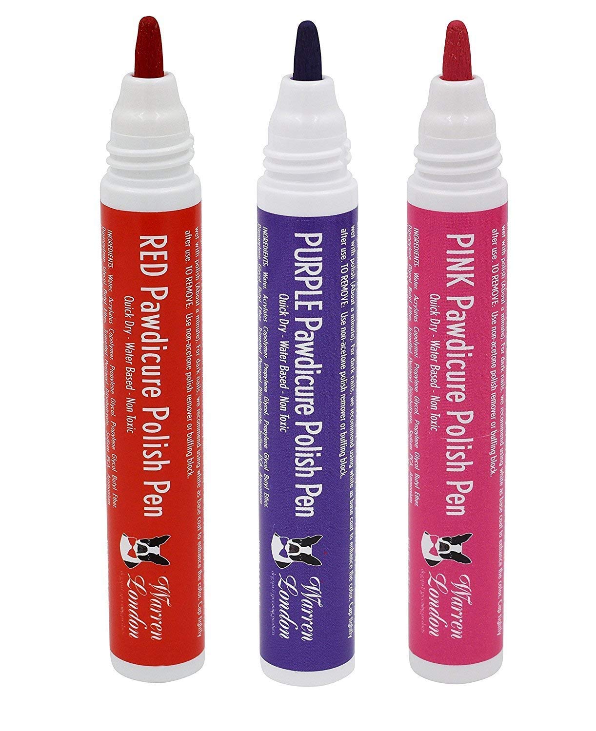 Warren London Pawdicure Dog Nail Polish Pens | Quick Dry, Low Odor, Non-Toxic Dog Accessories | Ideal For Dog Birthday, Dog Costume | Made In Usa | 13 Colors | Pink Purp Red