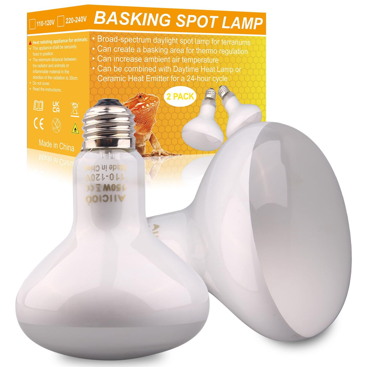 Aiicioo Reptile Basking Light Bulb - 150W Reptile Heat Lamp 2 Pack Uva Daylight Amphibians Basking Bulb For Bearded Dragon Turtle Hermit Crab Gecko Lizard Chicken